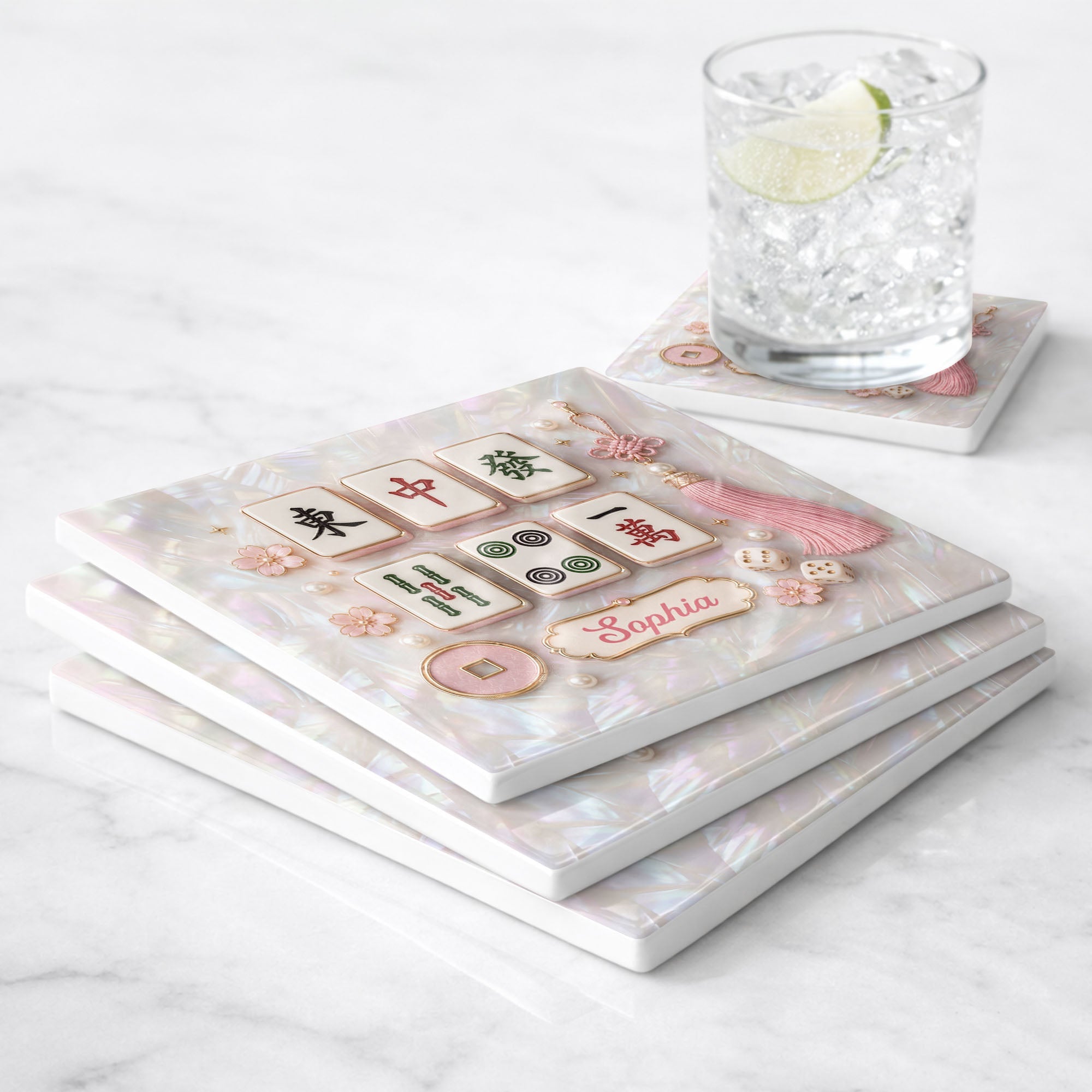 Personalized Mahjong Tiles Ceramic Coaster Custom Gift for Her Square Ceramic Coaster GradoCreations