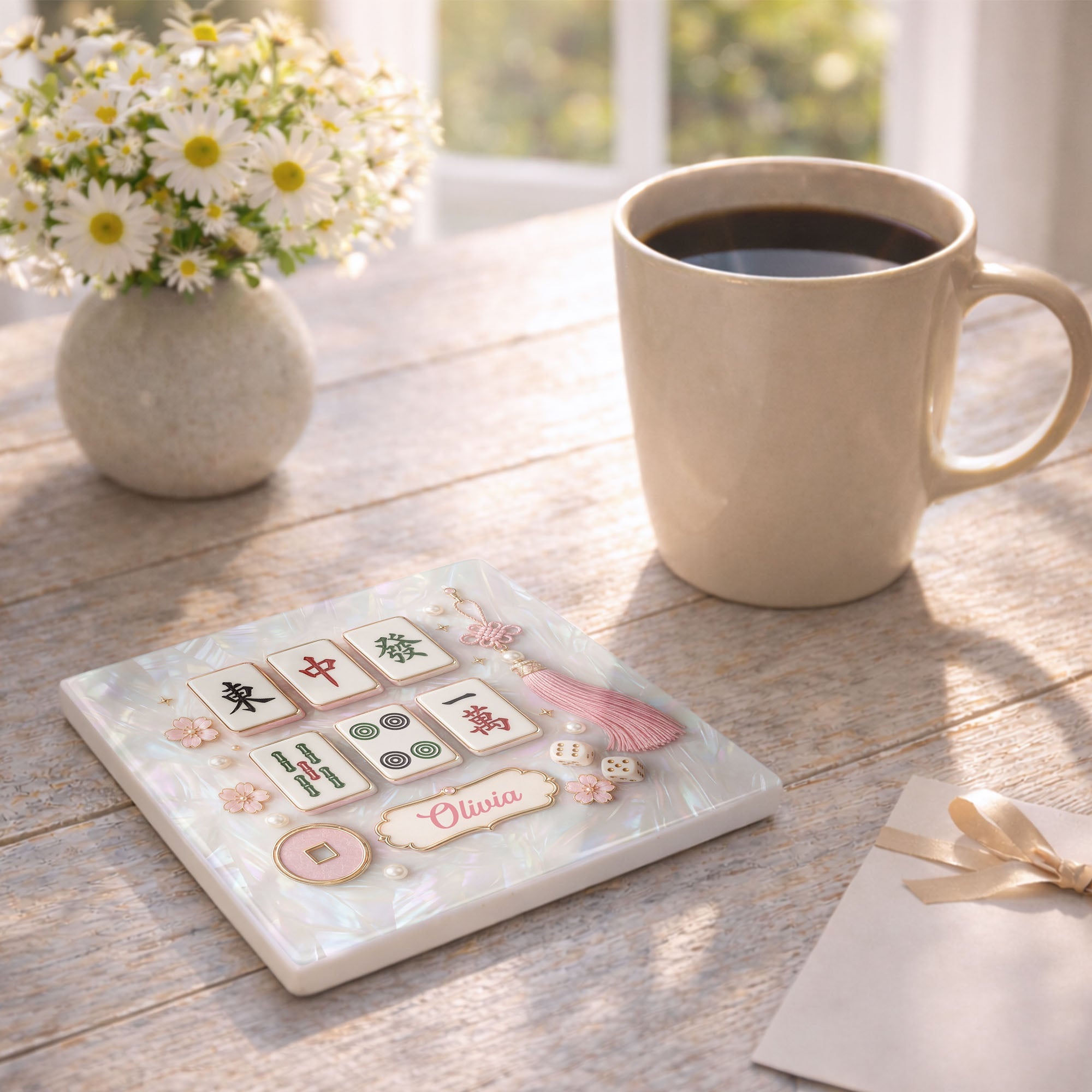 Personalized Mahjong Tiles Ceramic Coaster Custom Gift for Her Square Ceramic Coaster GradoCreations