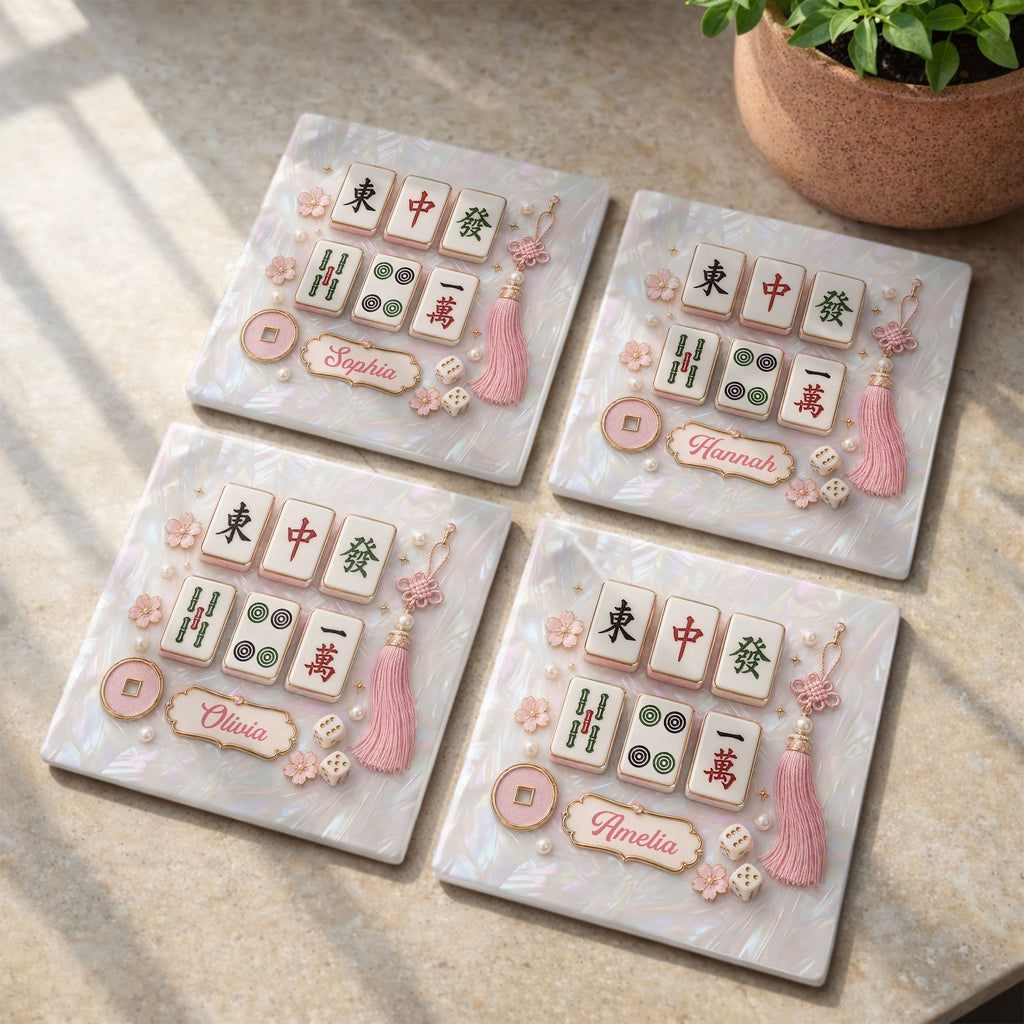 Personalized Mahjong Tiles Ceramic Coaster Custom Gift for Her Square Ceramic Coaster GradoCreations
