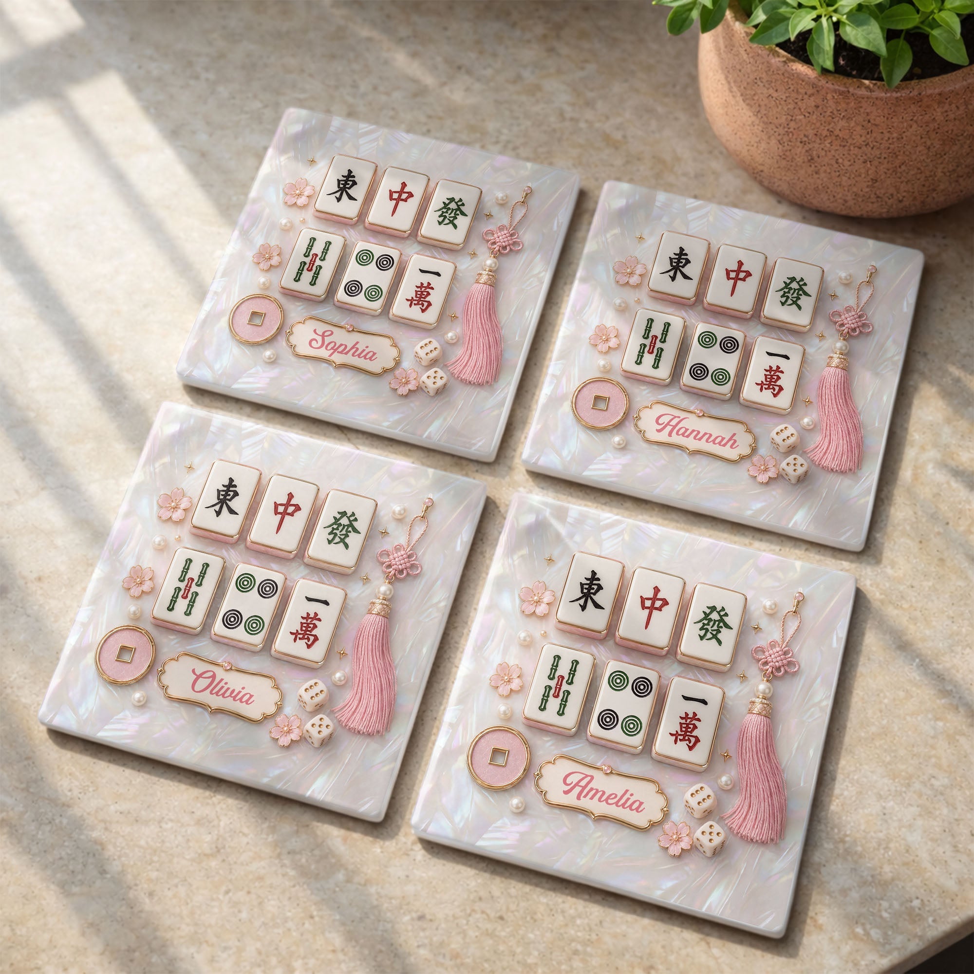 Personalized Mahjong Tiles Ceramic Coaster Custom Gift for Her Square Ceramic Coaster GradoCreations
