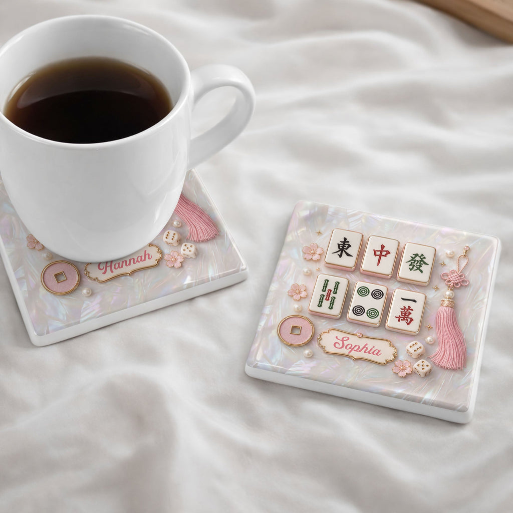 Personalized Mahjong Tiles Ceramic Coaster Custom Gift for Her Square Ceramic Coaster GradoCreations