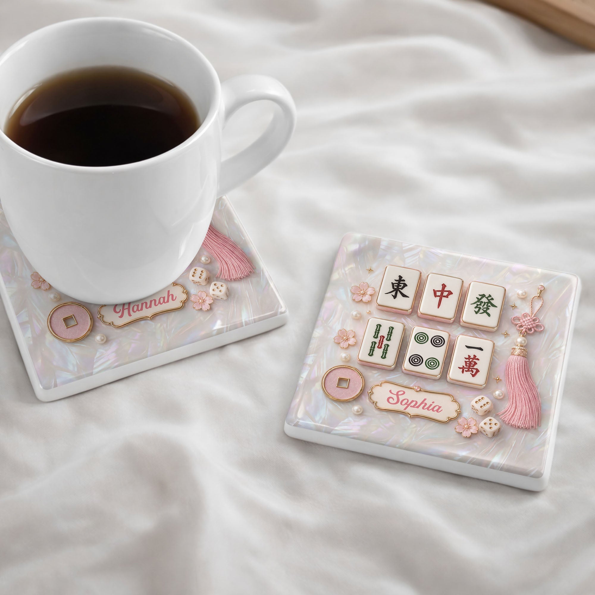 Personalized Mahjong Tiles Ceramic Coaster Custom Gift for Her Square Ceramic Coaster GradoCreations