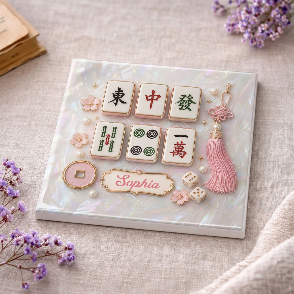 Personalized Mahjong Tiles Ceramic Coaster Custom Gift for Her Square Ceramic Coaster GradoCreations