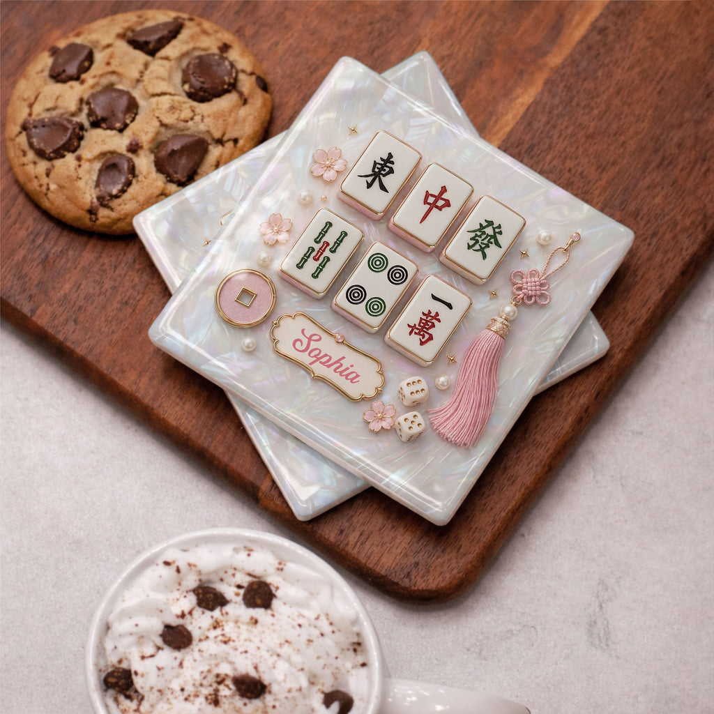 Personalized Mahjong Tiles Ceramic Coaster Custom Gift for Her Square Ceramic Coaster GradoCreations