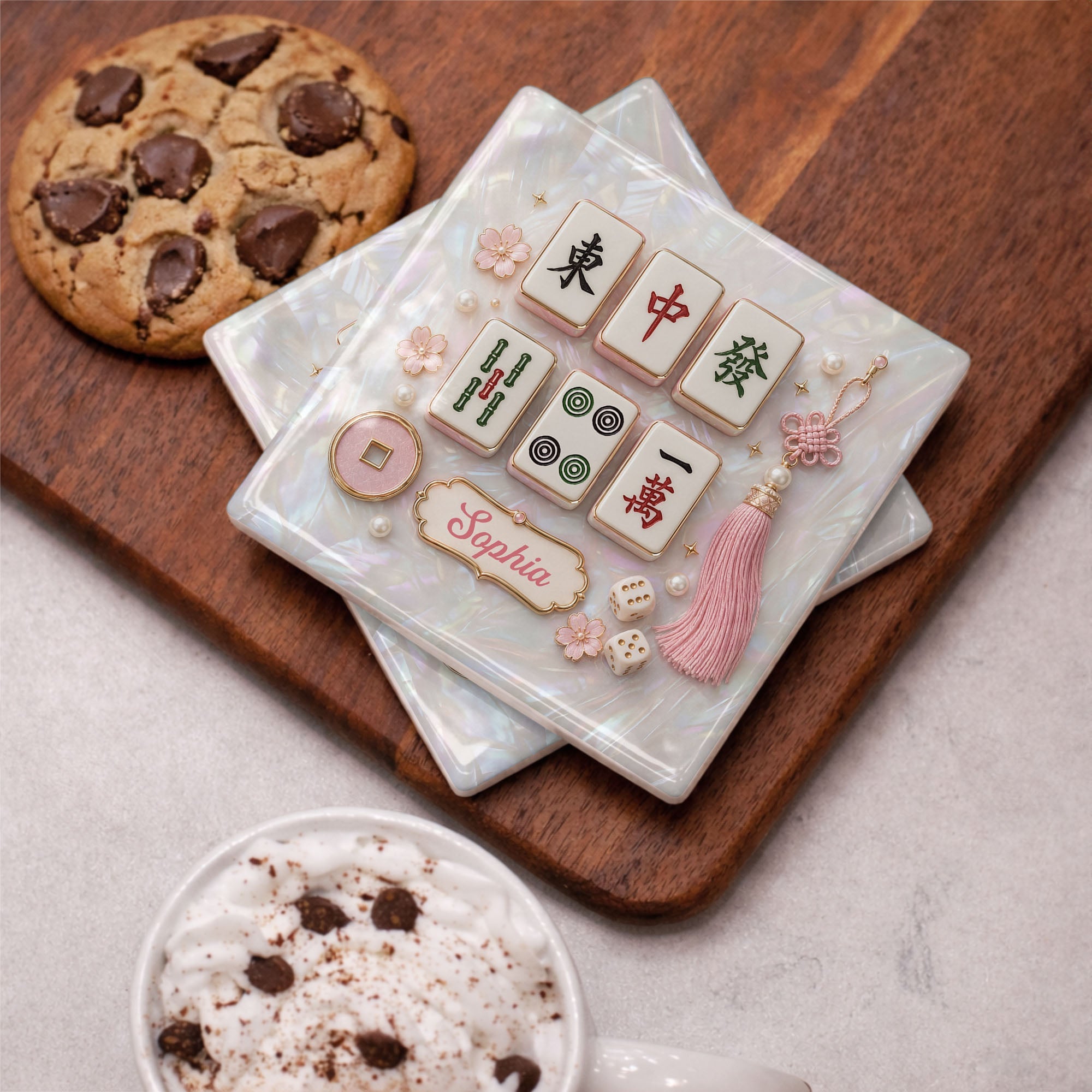 Personalized Mahjong Tiles Ceramic Coaster Custom Gift for Her Square Ceramic Coaster GradoCreations