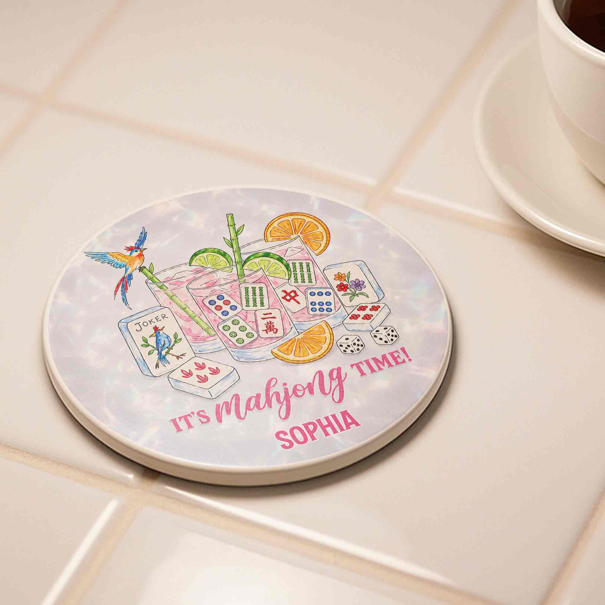 Personalized Mahjong Coaster Custom Name Gift for Bestie Ceramic Coaster GradoCreations