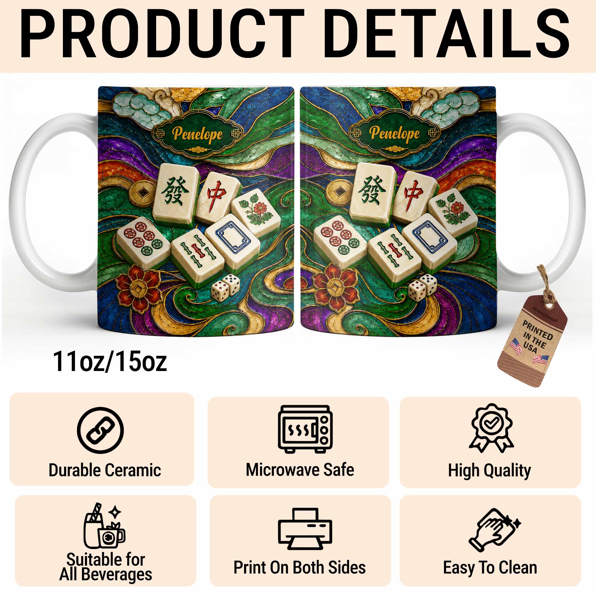 Personalized Mahjong Tiles Ceramic Mug Custom Name Gift Edge-to-edge Mug GradoCreations
