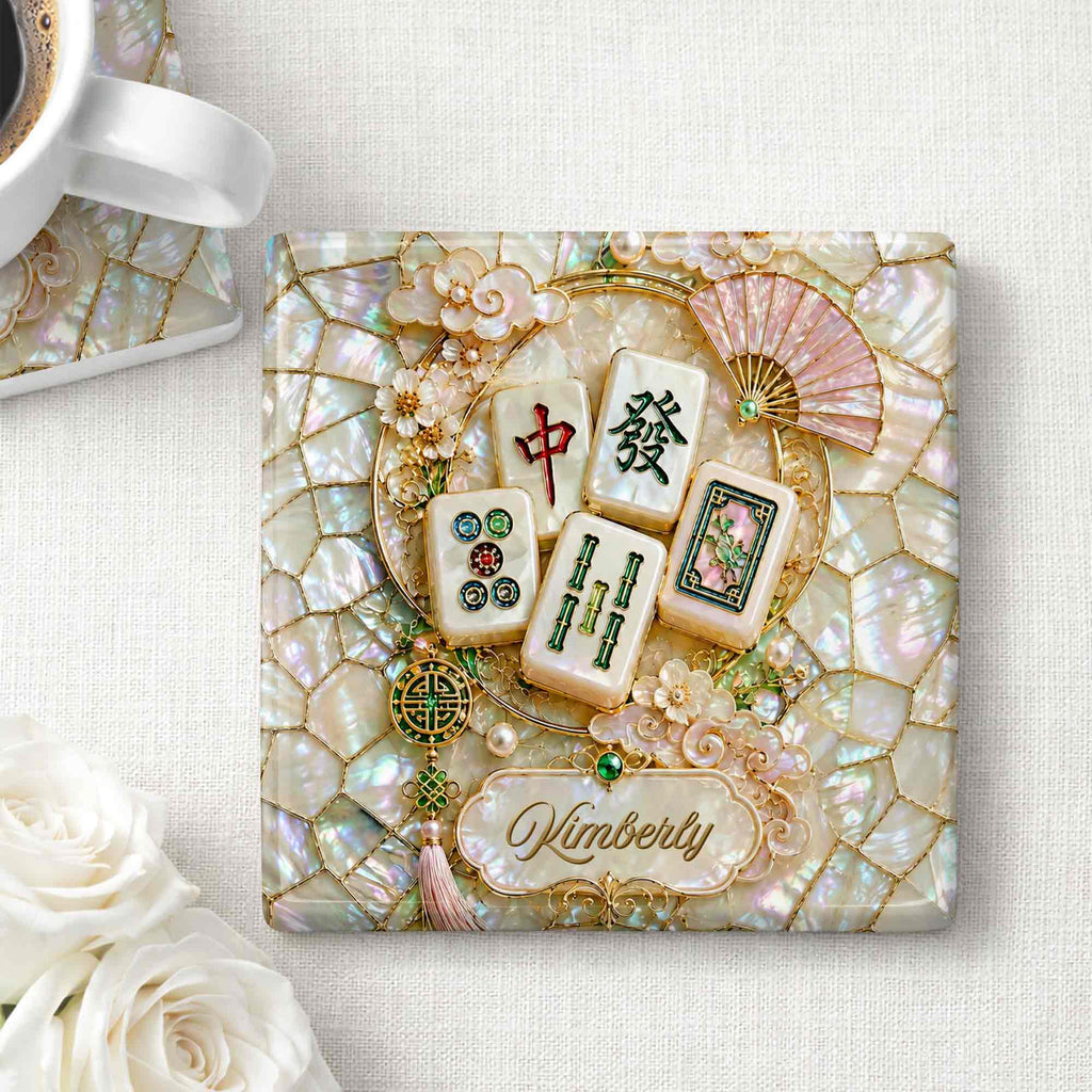 Personalized Mahjong Tiles Ceramic Coaster Custom Gift for Grandma