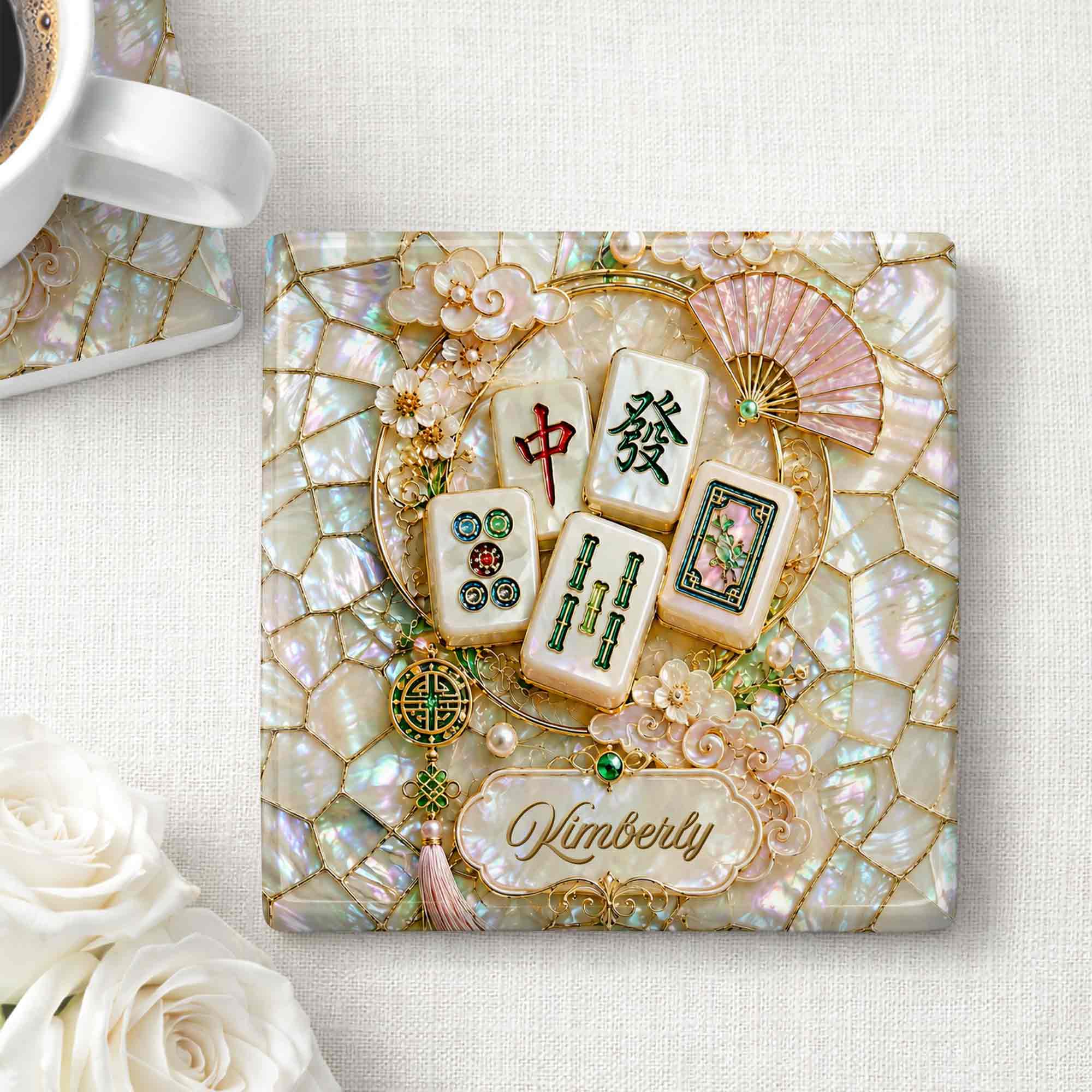 Personalized Mahjong Tiles Ceramic Coaster Custom Gift for Grandma