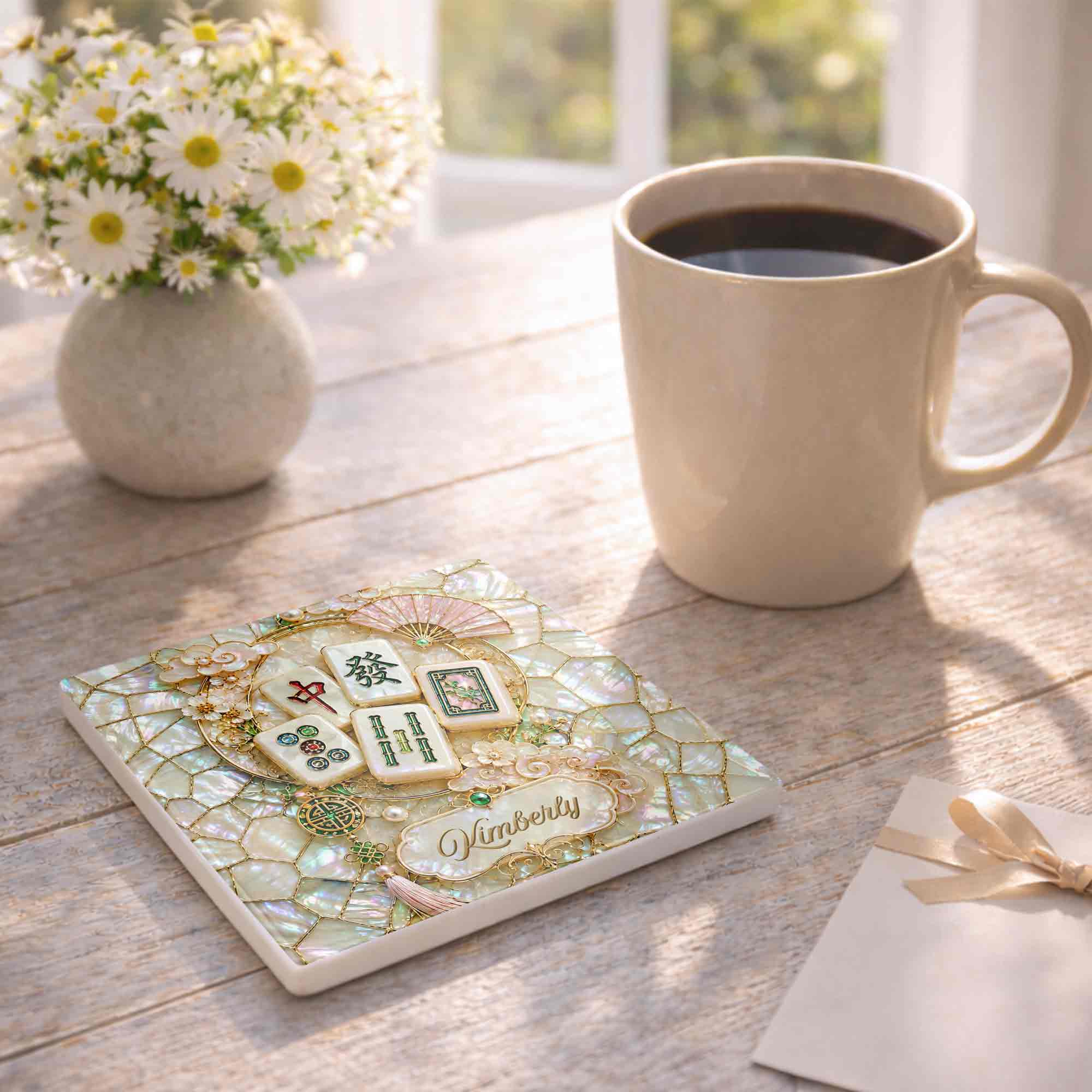 Personalized Mahjong Tiles Ceramic Coaster Custom Gift for Grandma