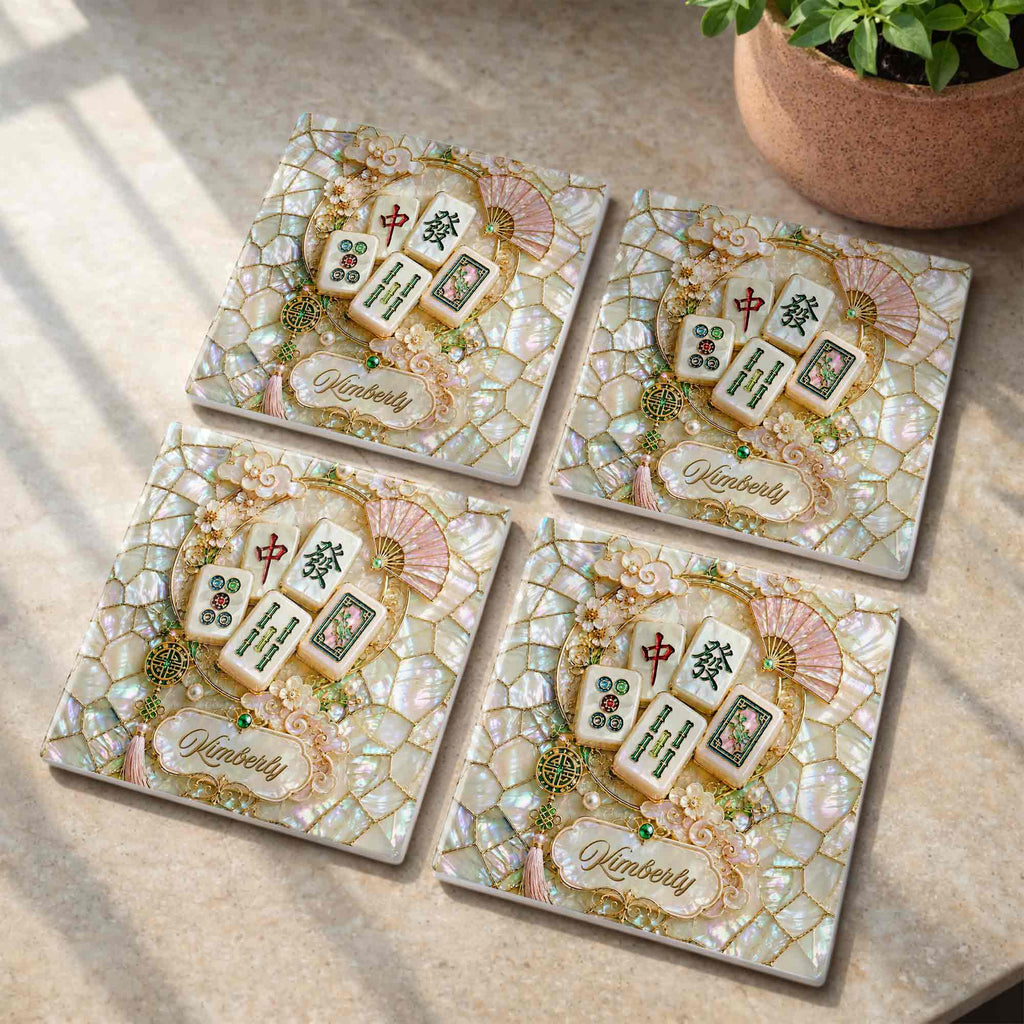 Personalized Mahjong Tiles Ceramic Coaster Custom Gift for Grandma