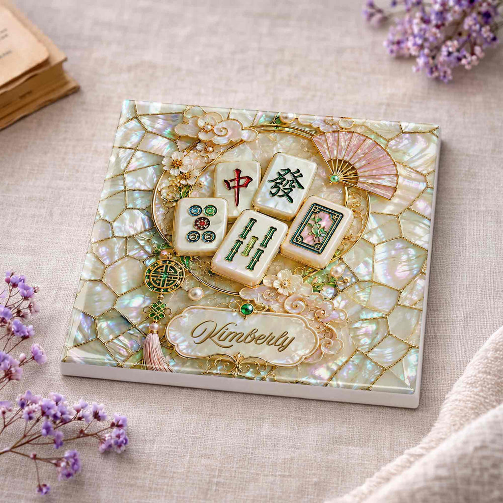 Personalized Mahjong Tiles Ceramic Coaster Custom Gift for Grandma