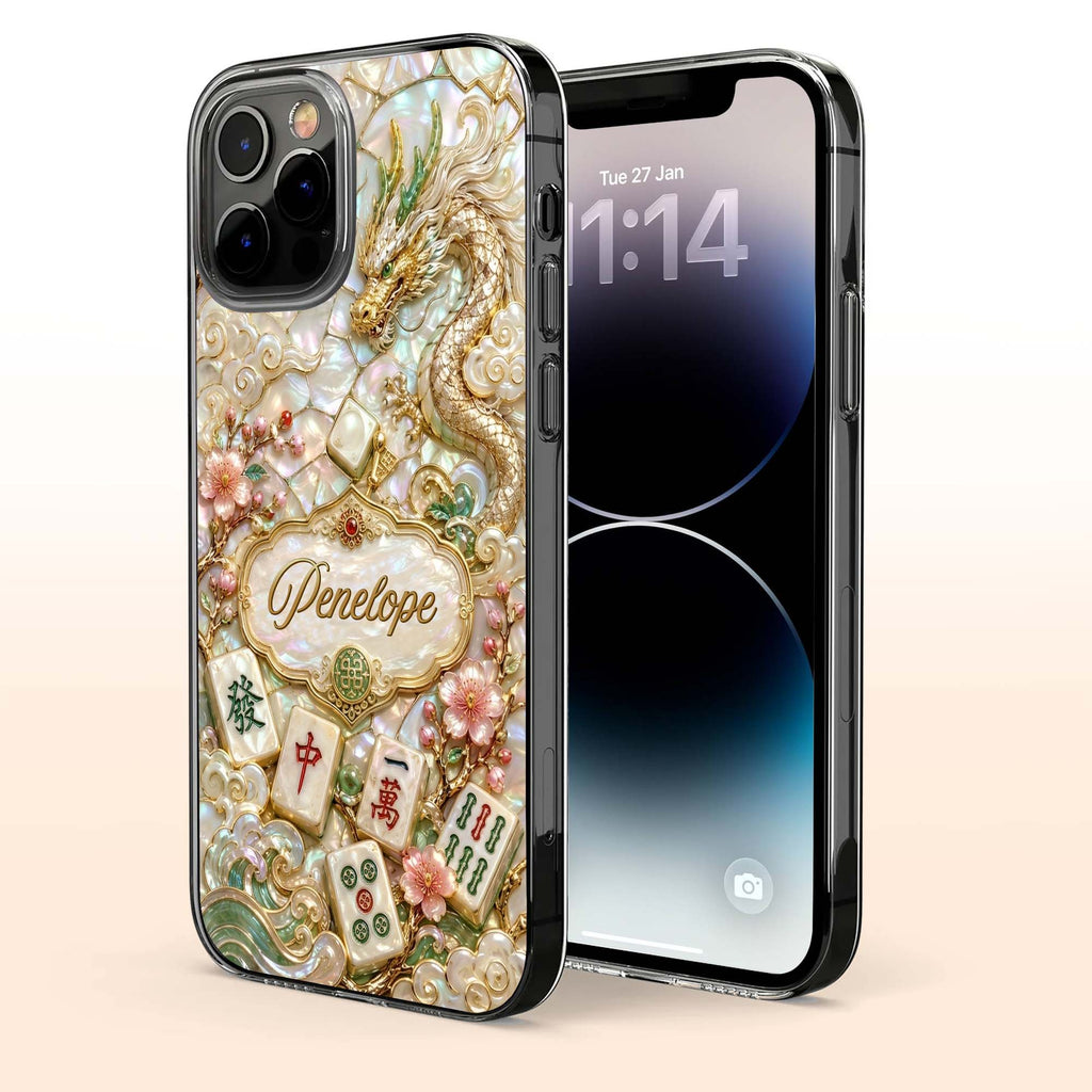 Personalized Clear Phone Case with Dragon & Mahjong Design for Mom
