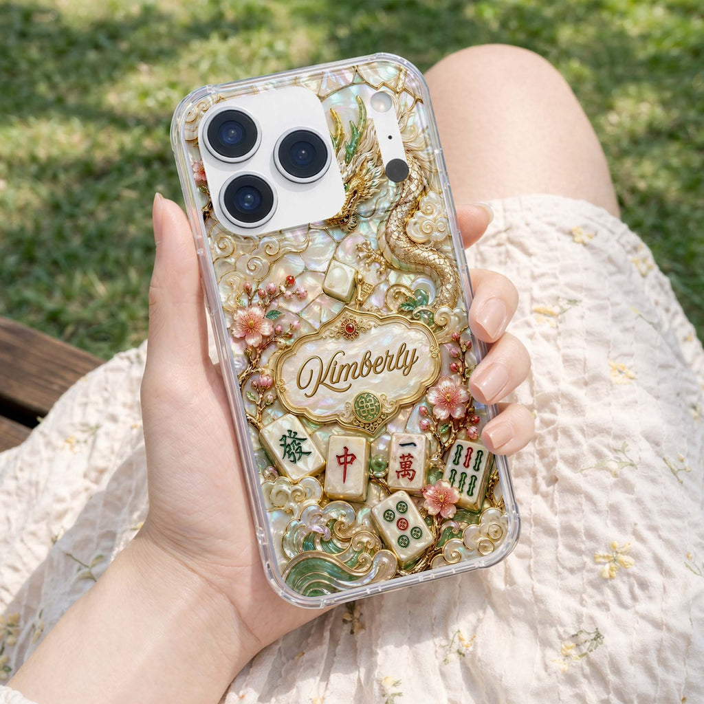 Personalized Clear Phone Case with Dragon & Mahjong Design for Mom