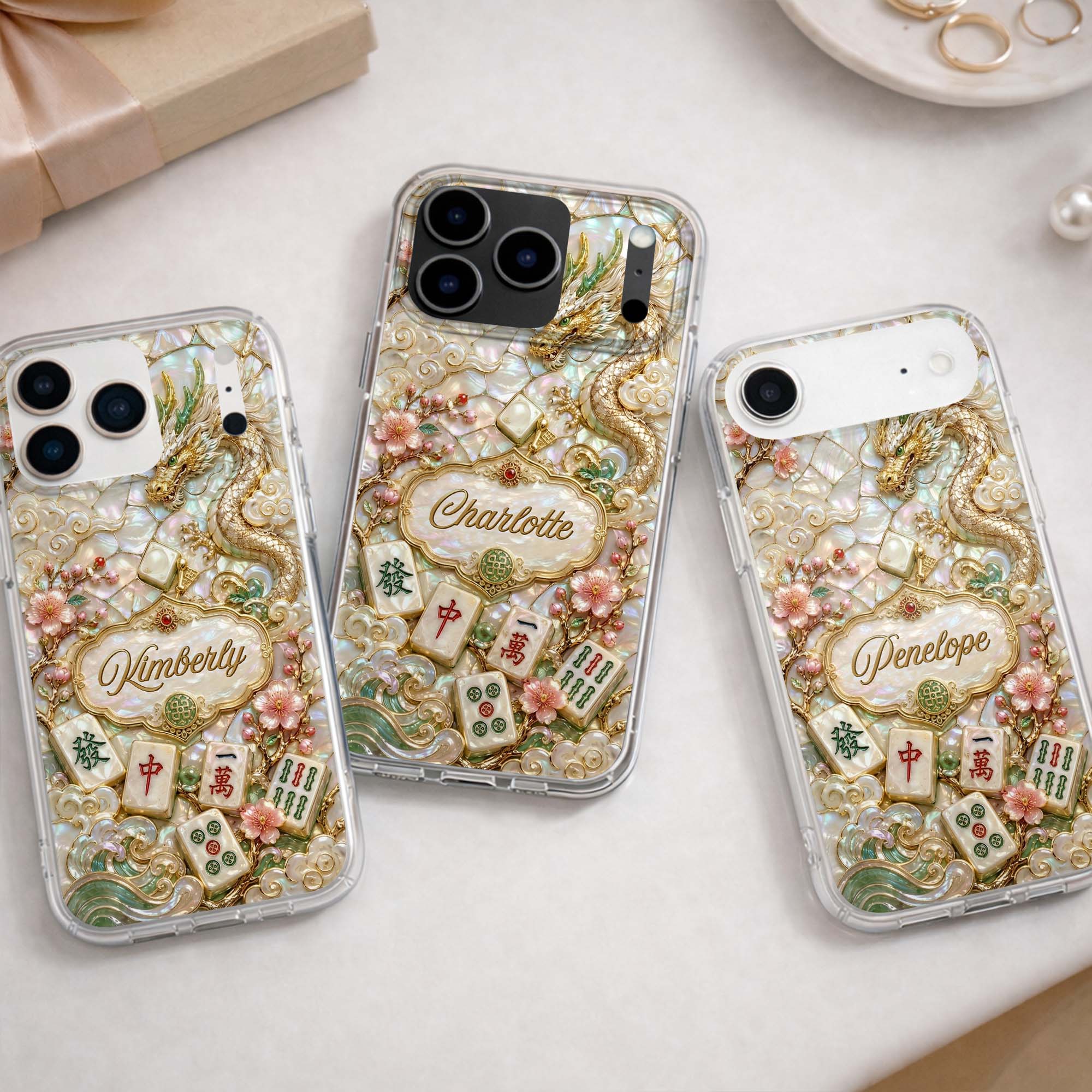 Personalized Clear Phone Case with Dragon & Mahjong Design for Mom