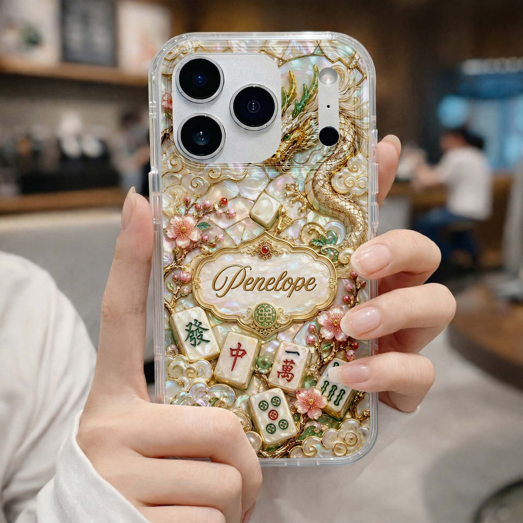 Personalized Clear Phone Case with Dragon & Mahjong Design for Mom