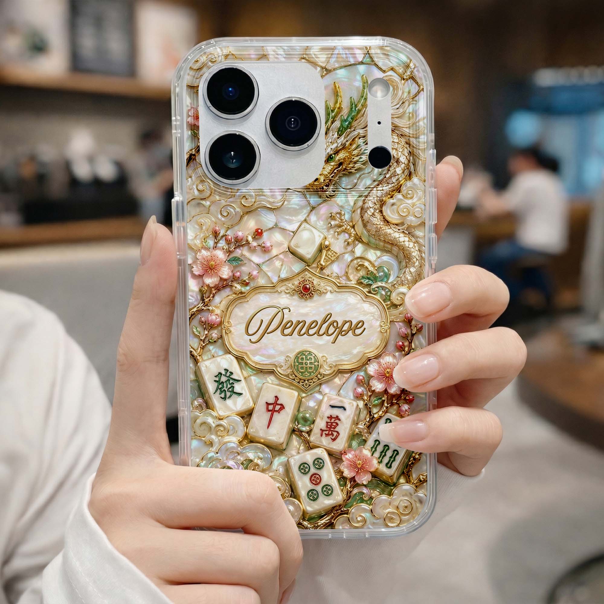 Personalized Clear Phone Case with Dragon & Mahjong Design for Mom