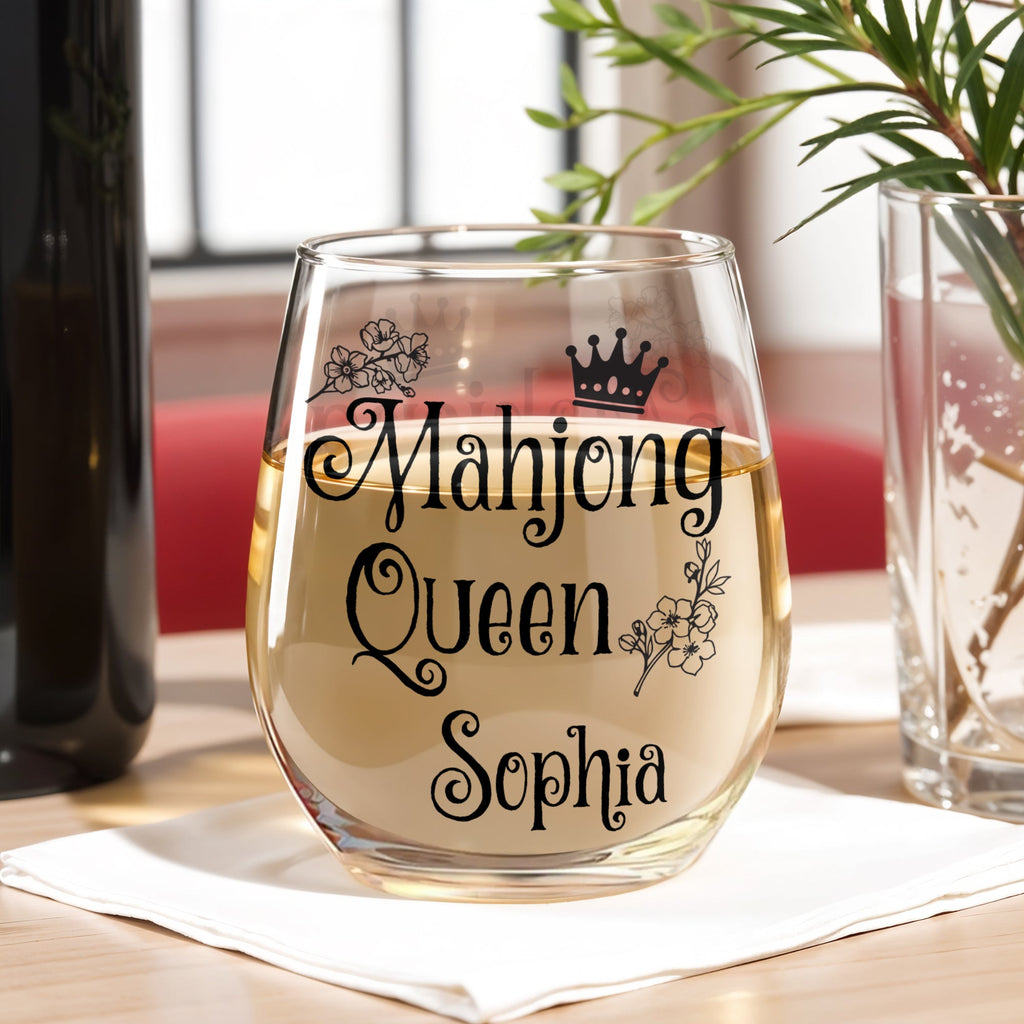 Personalized Stemless Wine Glass for Mahjong Queen Gift Wine Glasses GradoCreations