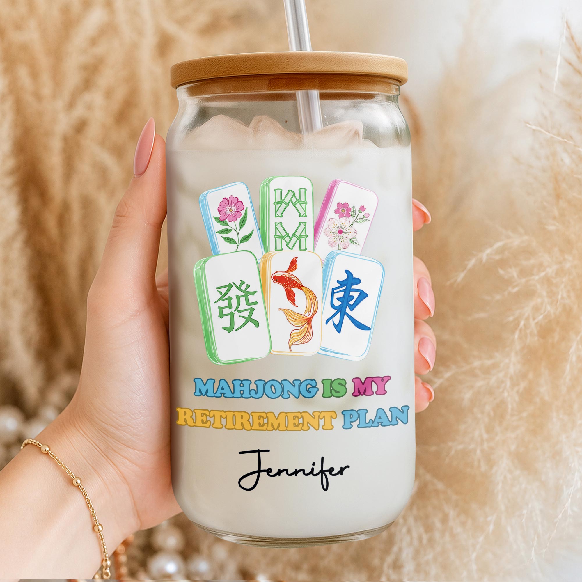 Personalized Floral Mahjong Tiles Glass Can Custom Name Gift for Mom Clear Glass Can GradoCreations