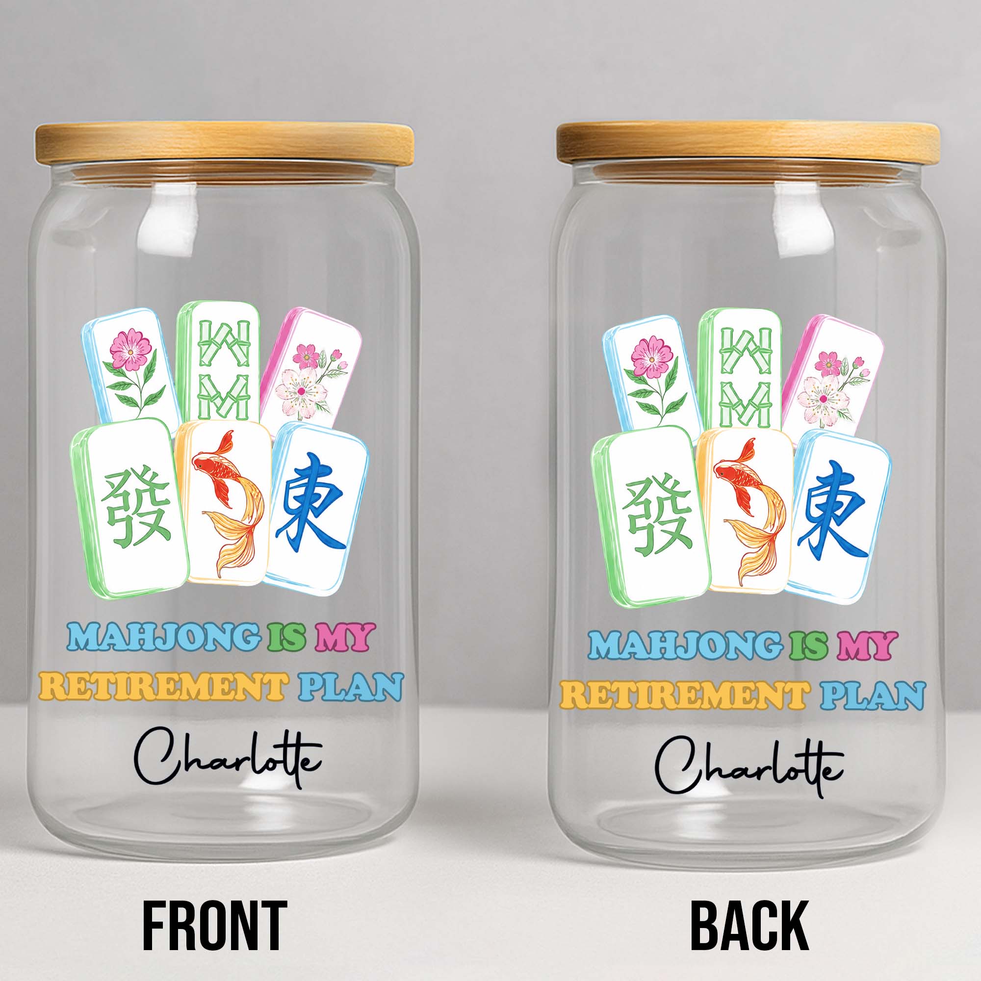 Personalized Floral Mahjong Tiles Glass Can Custom Name Gift for Mom Clear Glass Can GradoCreations