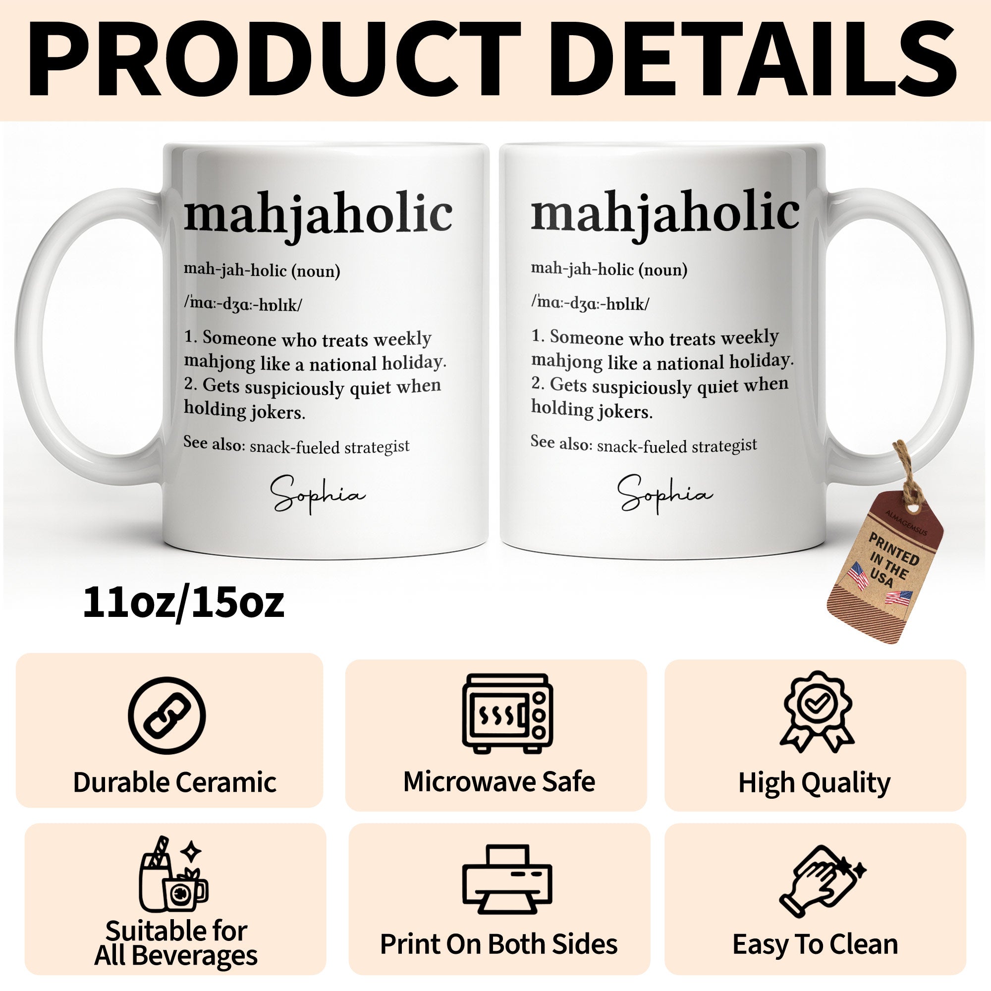 Personalized Mahjaholic Definition Coffee Mug Gift for Hobbyists Edge-to-edge Mug GradoCreations