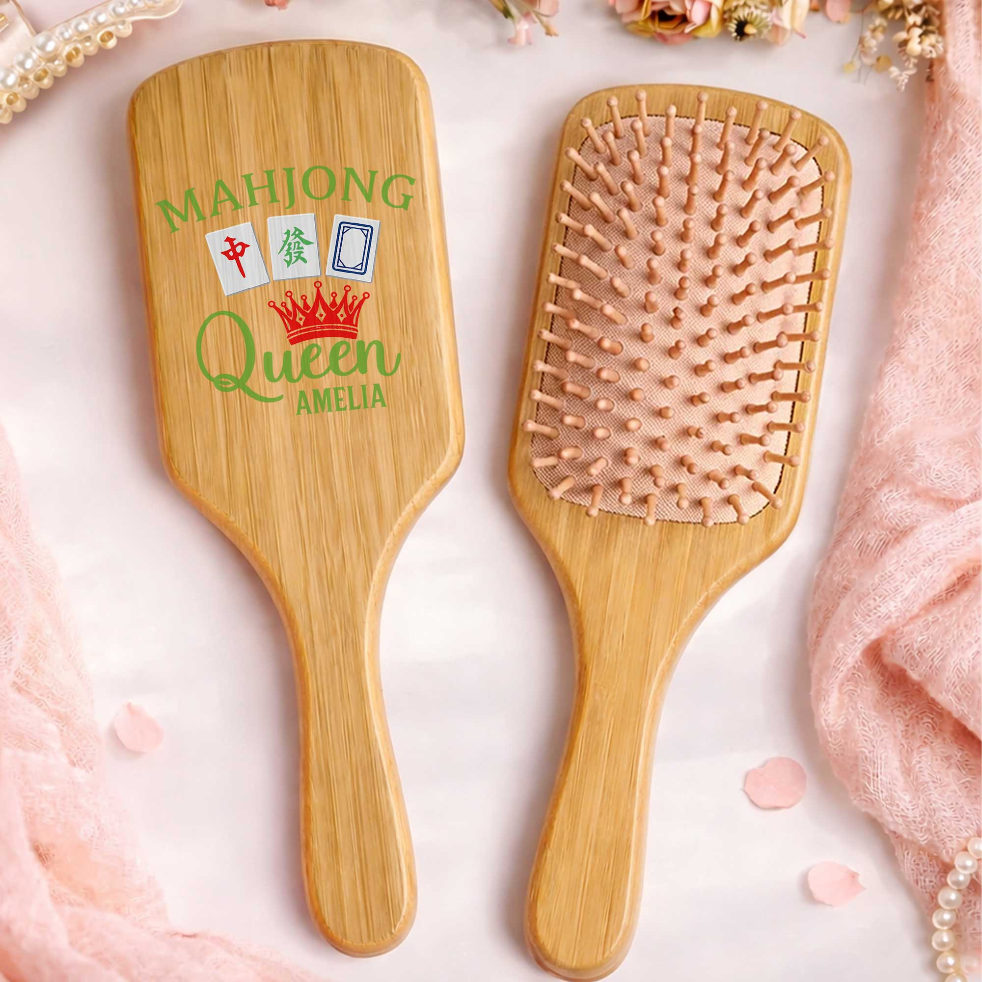 Personalized Bamboo Hair Brush Custom Name Mahjong Queen Gift Wooden Hair Brush GradoCreations