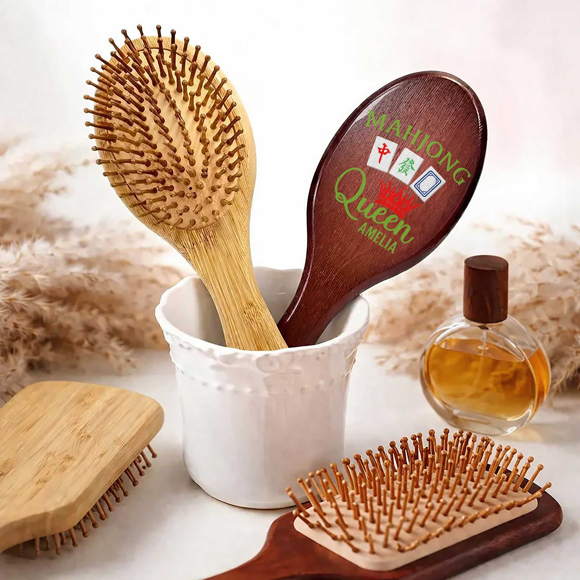 Personalized Bamboo Hair Brush Custom Name Mahjong Queen Gift Wooden Hair Brush GradoCreations
