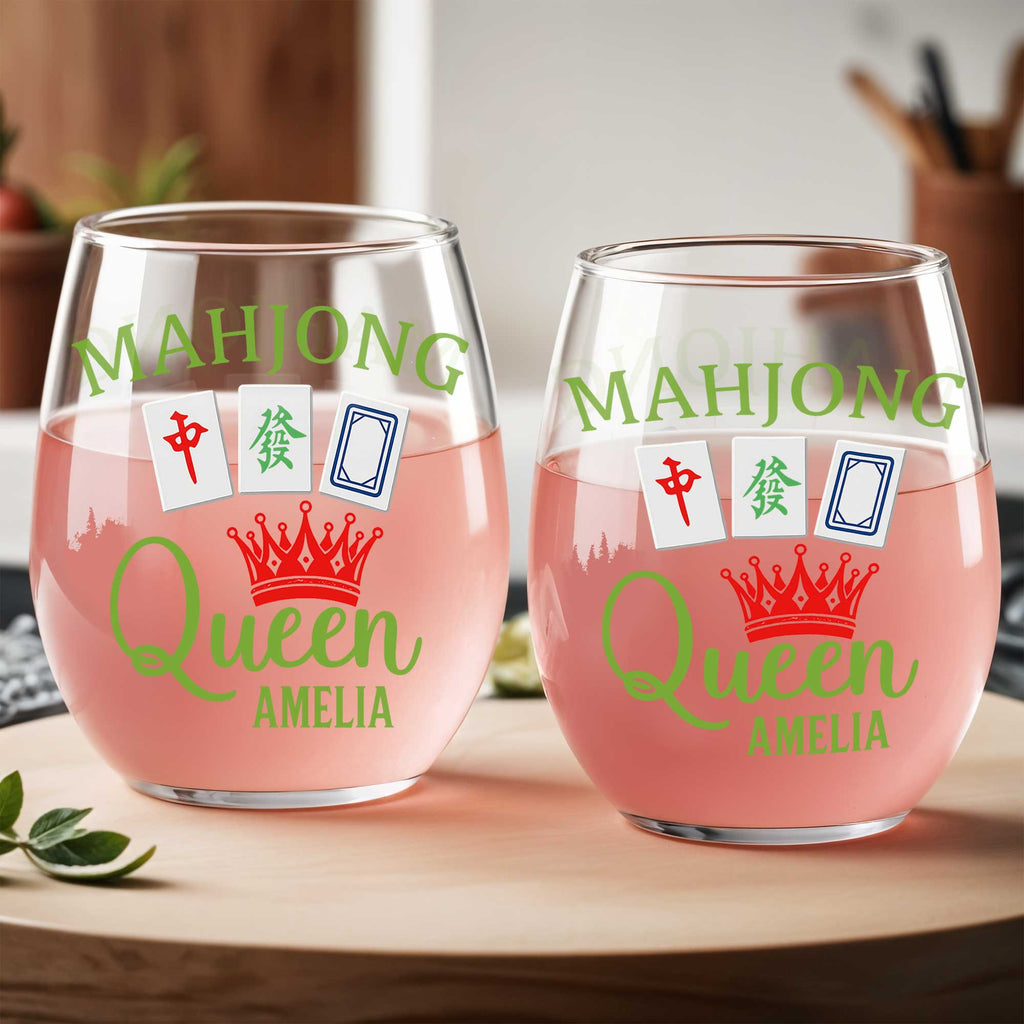 Personalized Stemless Wine Glass Custom Name Mahjong Queen Gift