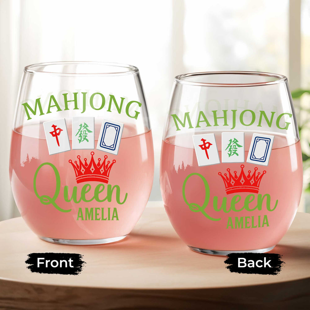 Personalized Stemless Wine Glass Custom Name Mahjong Queen Gift