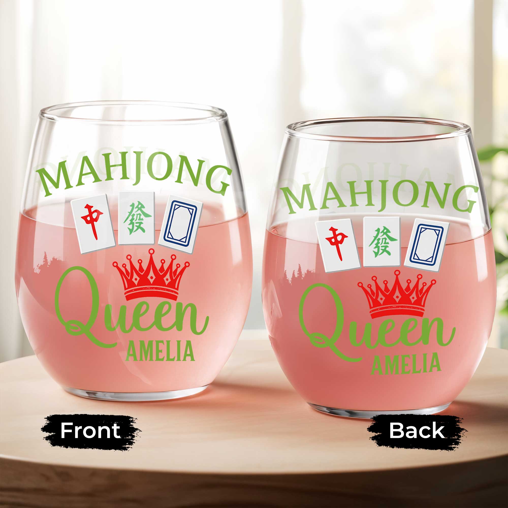 Personalized Stemless Wine Glass Custom Name Mahjong Queen Gift
