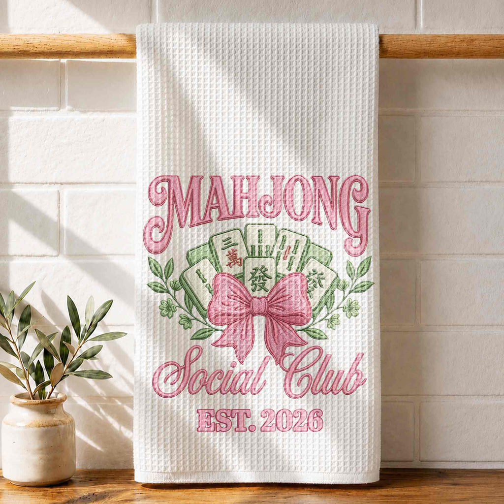 Personalized Mahjong Kitchen Towel with Pink Bow for Mom Kitchen Towel GradoCreations