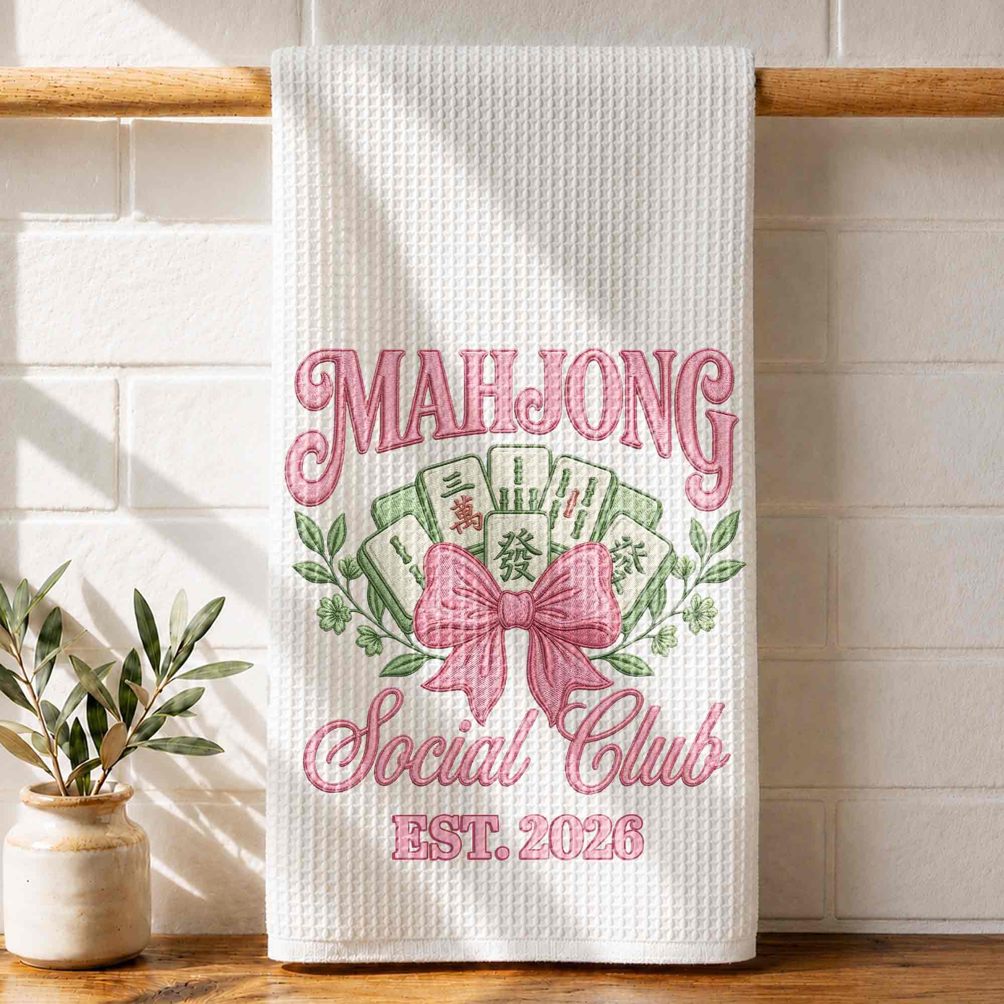 Personalized Mahjong Kitchen Towel with Pink Bow for Mom Kitchen Towel GradoCreations