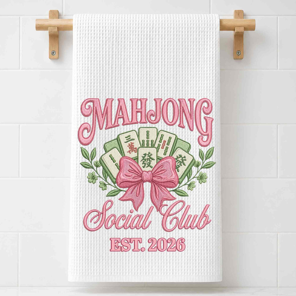 Personalized Mahjong Kitchen Towel with Pink Bow for Mom Kitchen Towel GradoCreations