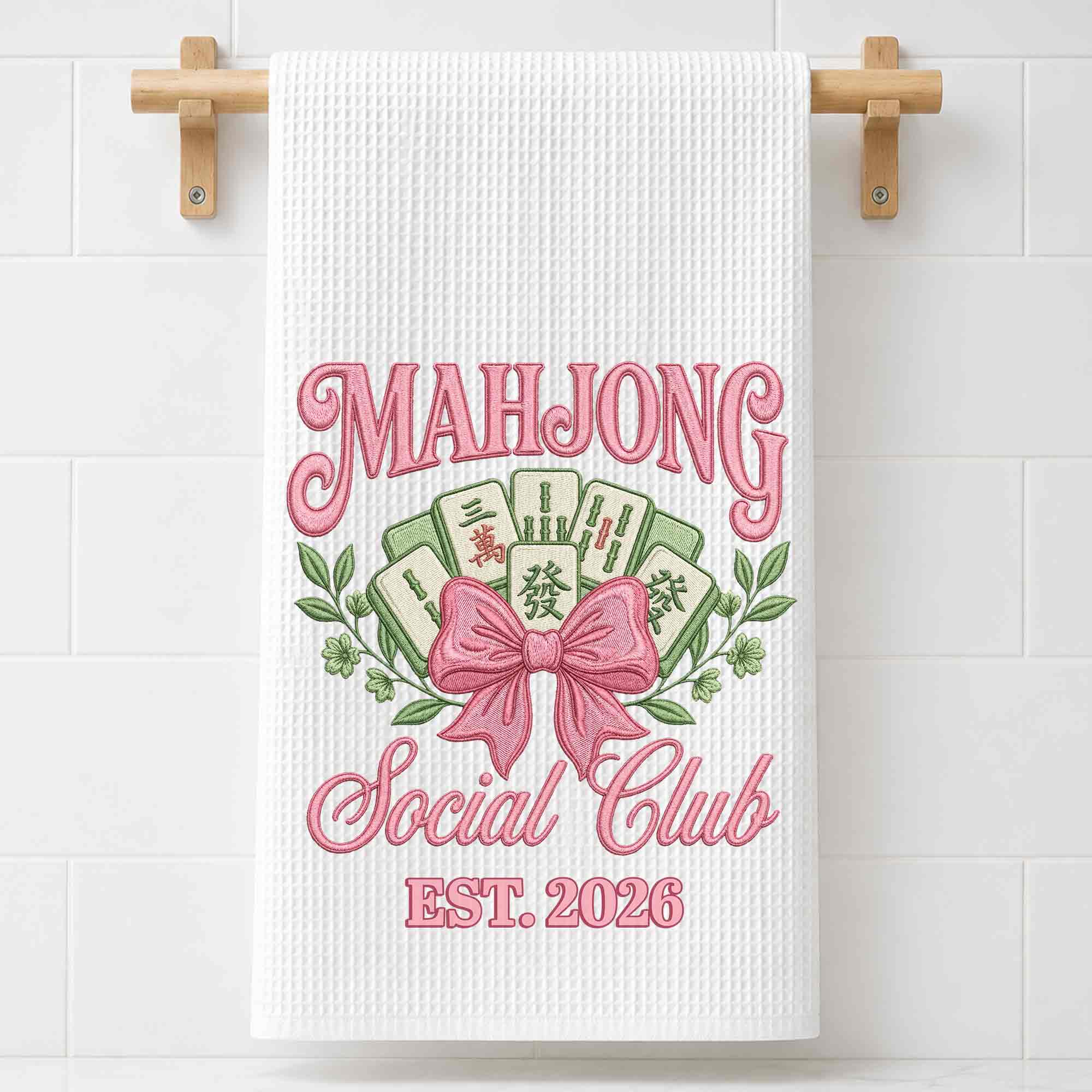 Personalized Mahjong Kitchen Towel with Pink Bow for Mom Kitchen Towel GradoCreations