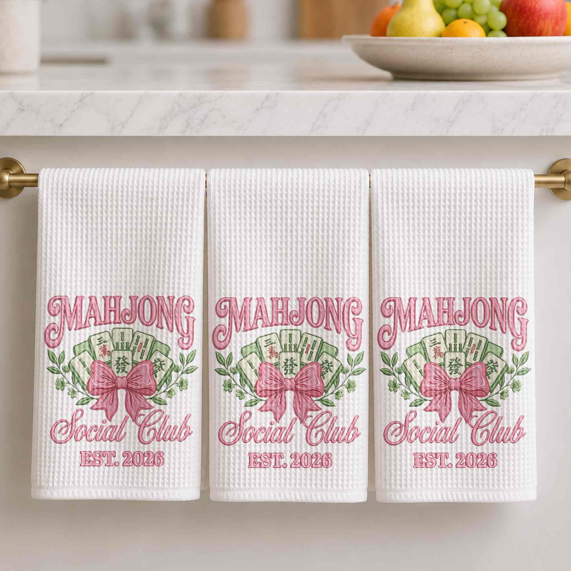 Personalized Mahjong Kitchen Towel with Pink Bow for Mom Kitchen Towel GradoCreations