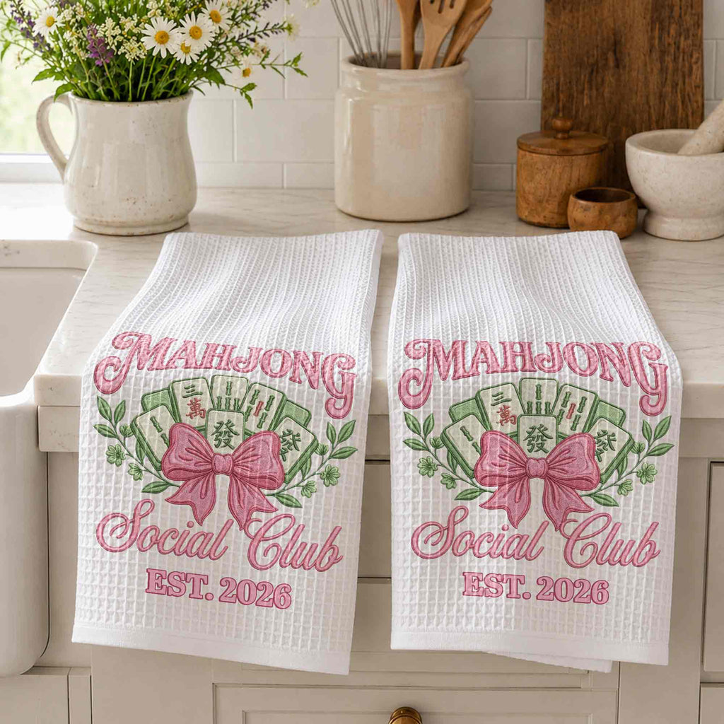 Personalized Mahjong Kitchen Towel with Pink Bow for Mom Kitchen Towel GradoCreations