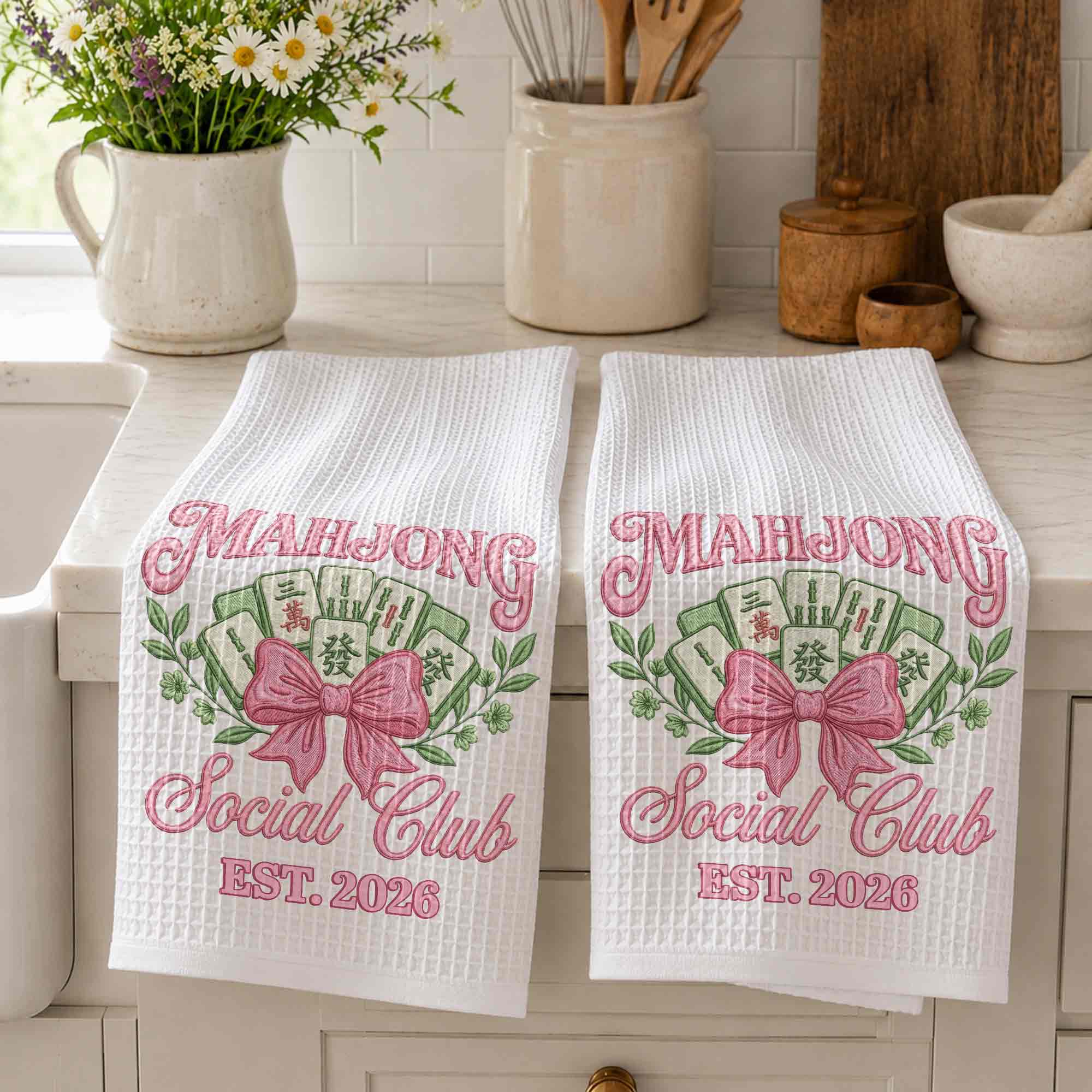 Personalized Mahjong Kitchen Towel with Pink Bow for Mom Kitchen Towel GradoCreations