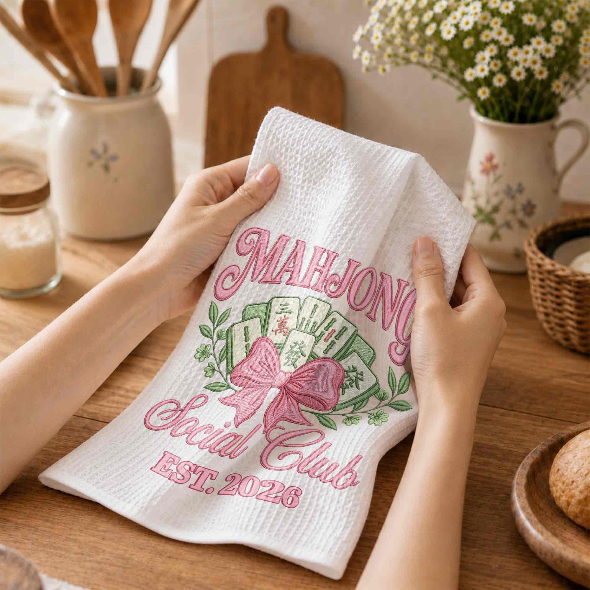 Personalized Mahjong Kitchen Towel with Pink Bow for Mom Kitchen Towel GradoCreations