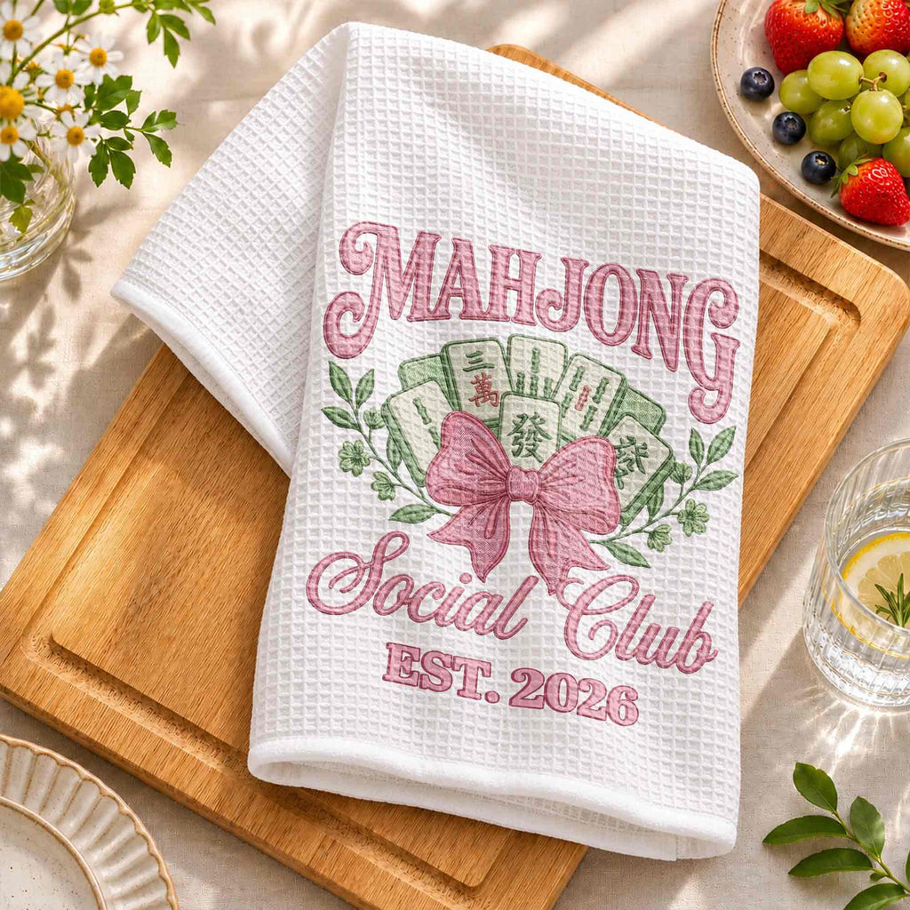 Personalized Mahjong Kitchen Towel with Pink Bow for Mom Kitchen Towel GradoCreations