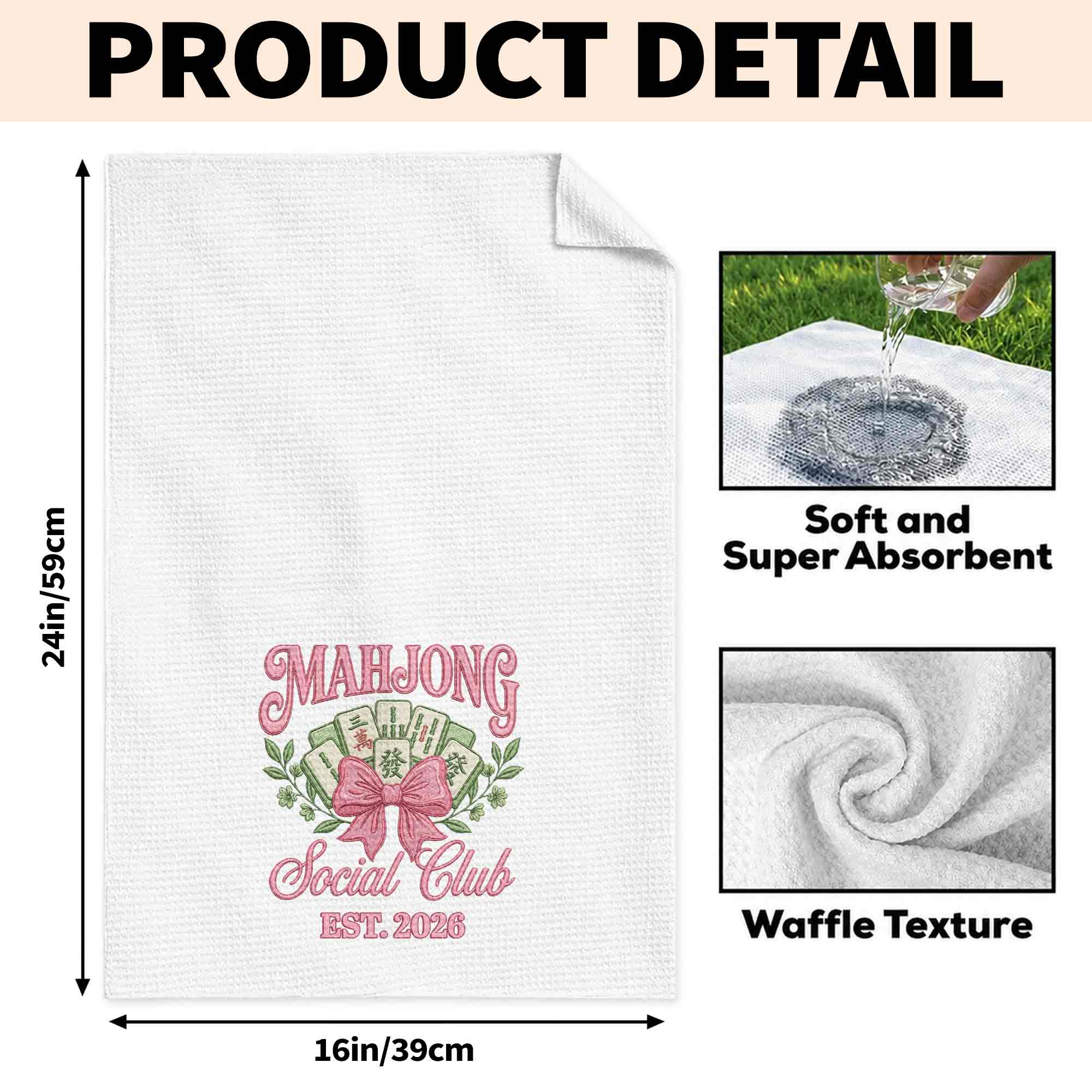 Personalized Mahjong Kitchen Towel with Pink Bow for Mom Kitchen Towel GradoCreations