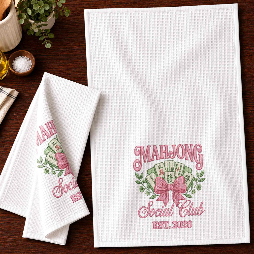 Personalized Mahjong Kitchen Towel with Pink Bow for Mom Kitchen Towel GradoCreations