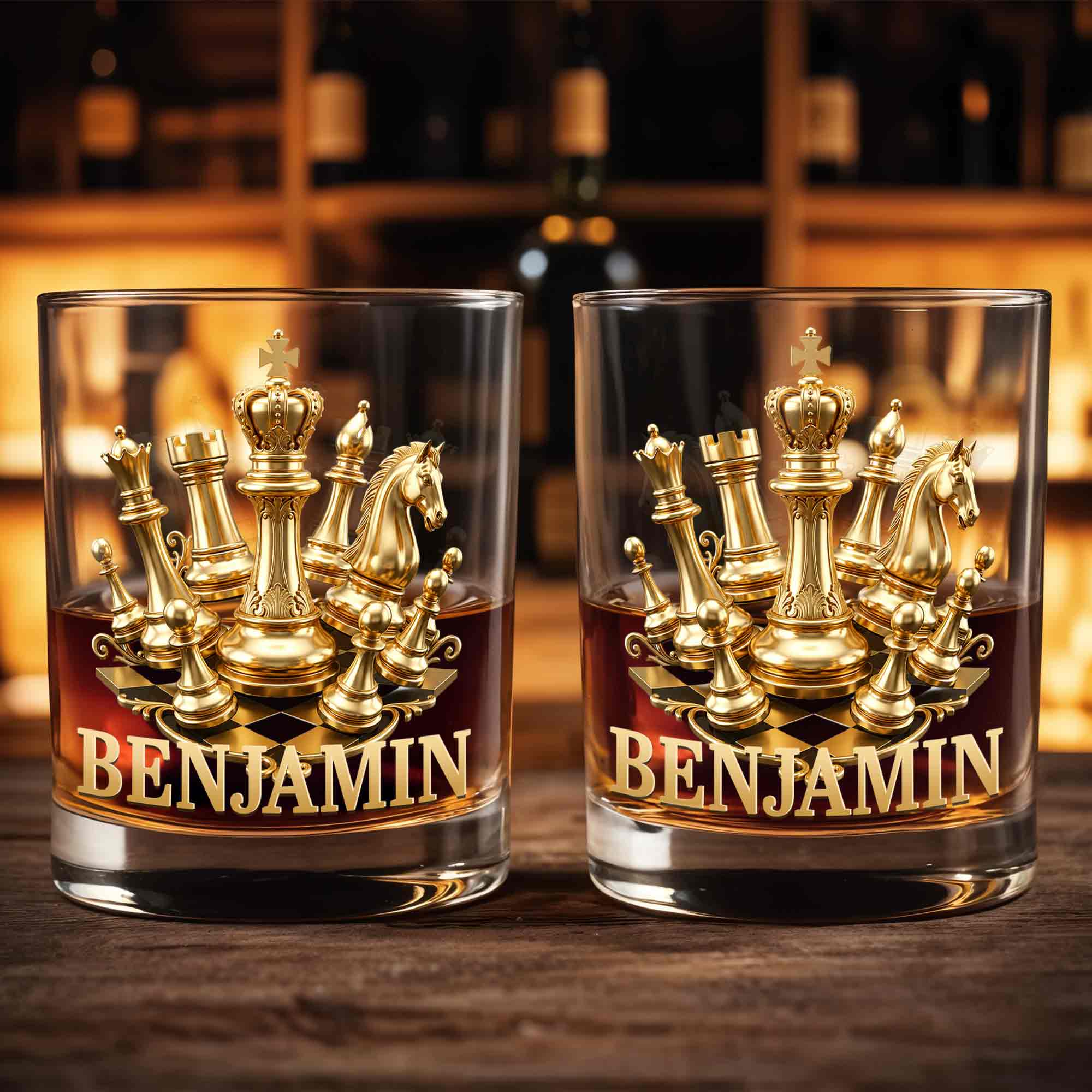 Personalized Gold Chess Design Whiskey Glass Custom Name Gift for Dad
