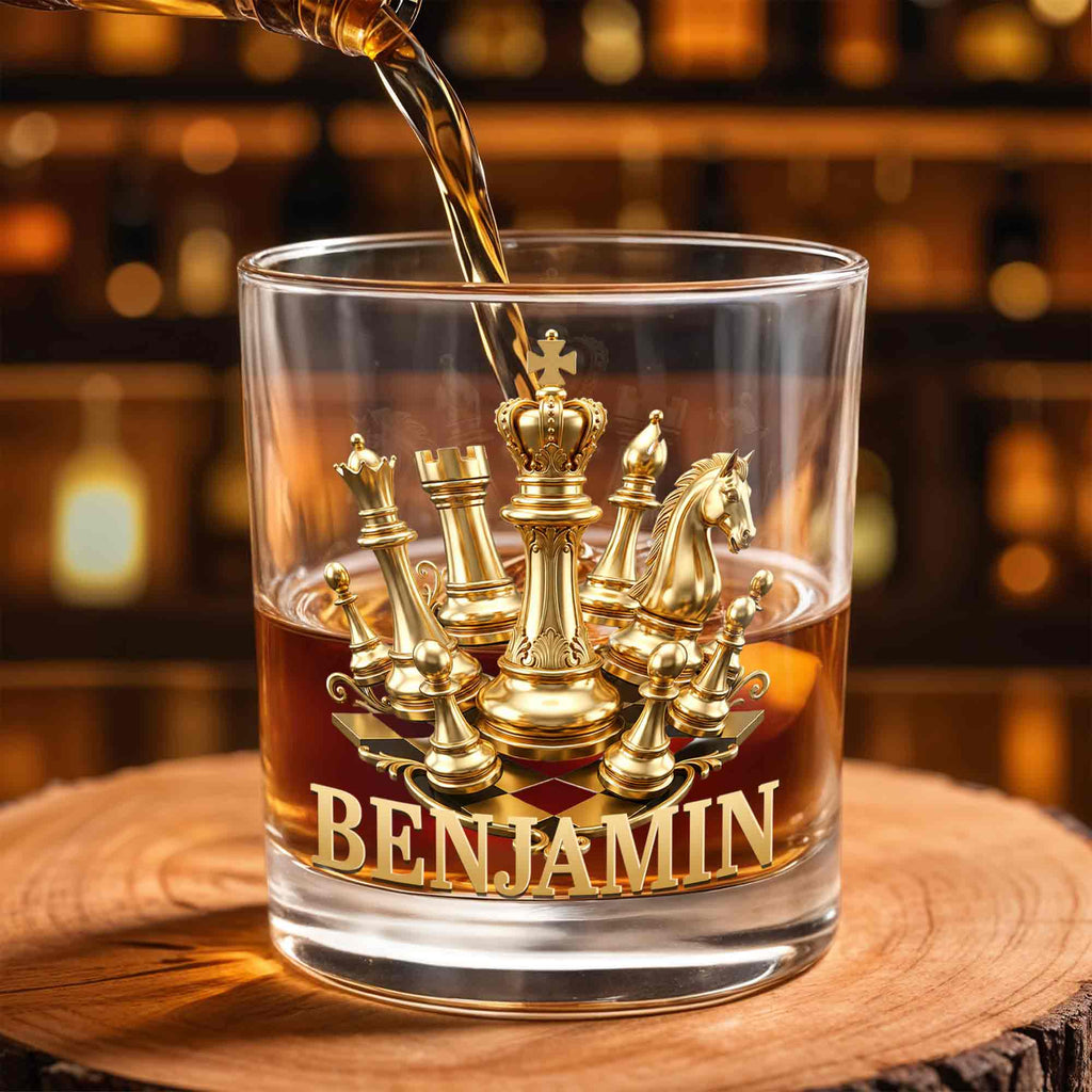 Personalized Gold Chess Design Whiskey Glass Custom Name Gift for Dad