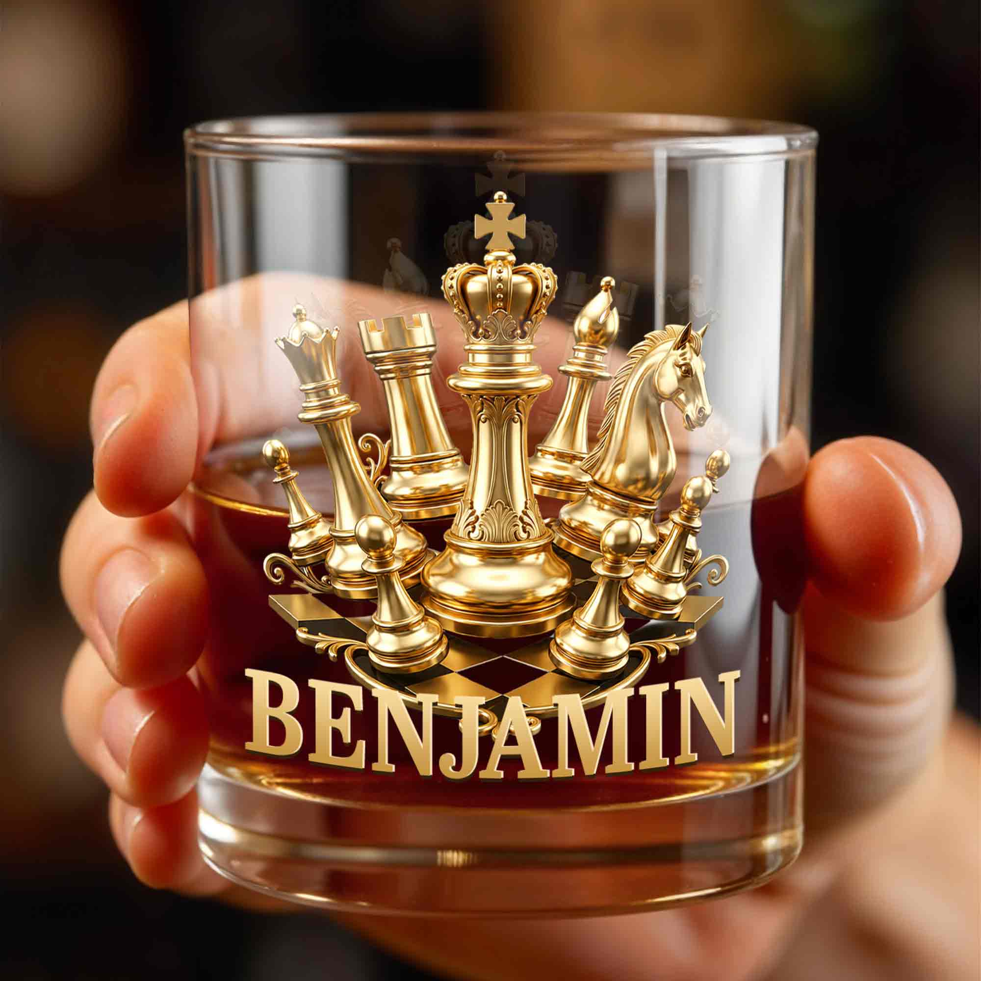 Personalized Gold Chess Design Whiskey Glass Custom Name Gift for Dad
