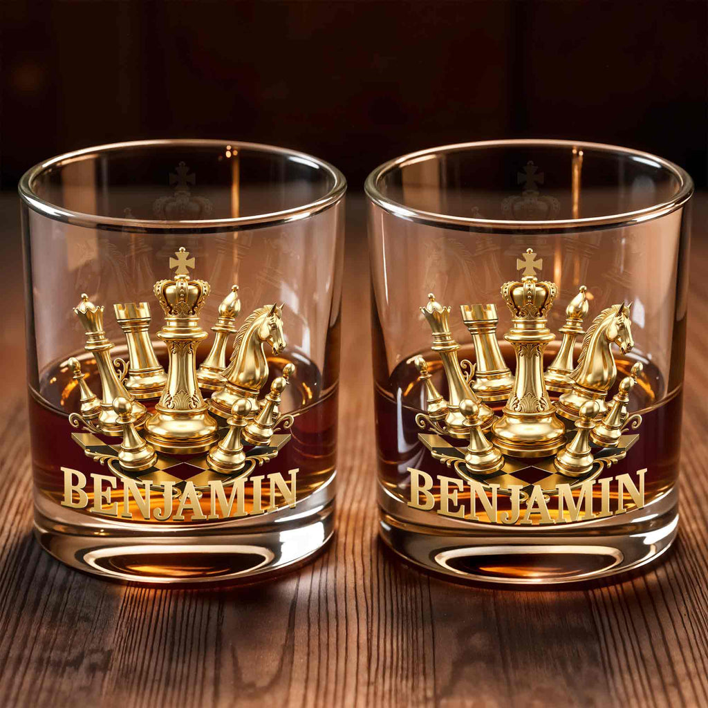 Personalized Gold Chess Design Whiskey Glass Custom Name Gift for Dad