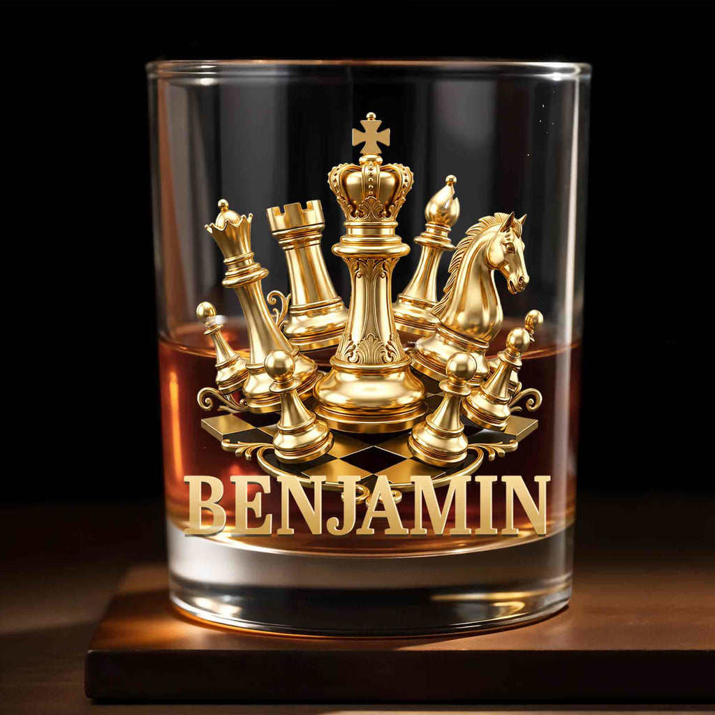 Personalized Gold Chess Design Whiskey Glass Custom Name Gift for Dad