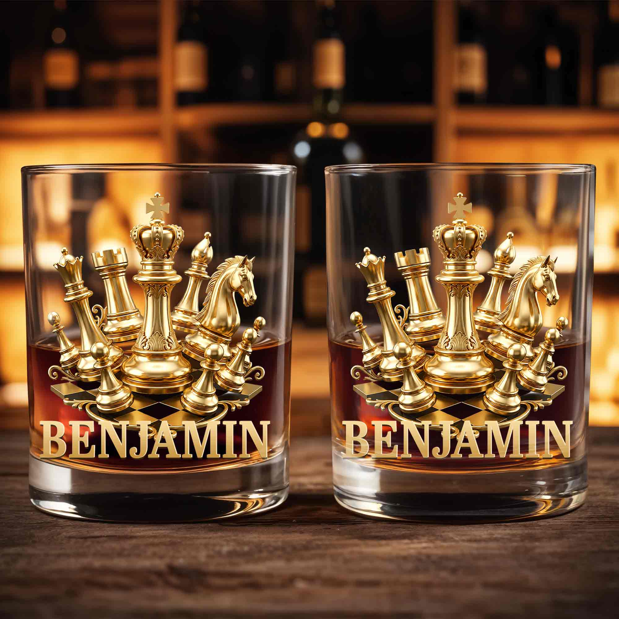 Personalized Gold Chess Design Whiskey Glass Custom Name Gift for Dad