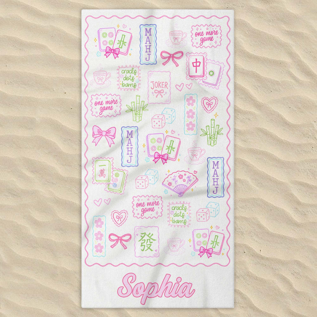 Personalized Mahjong Themed Beach Towel Custom Name Gift for Beach Lovers