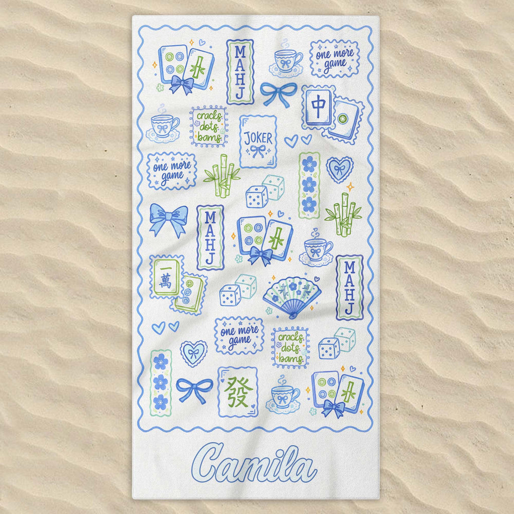Personalized Mahjong Themed Beach Towel Custom Name Gift for Beach Lovers