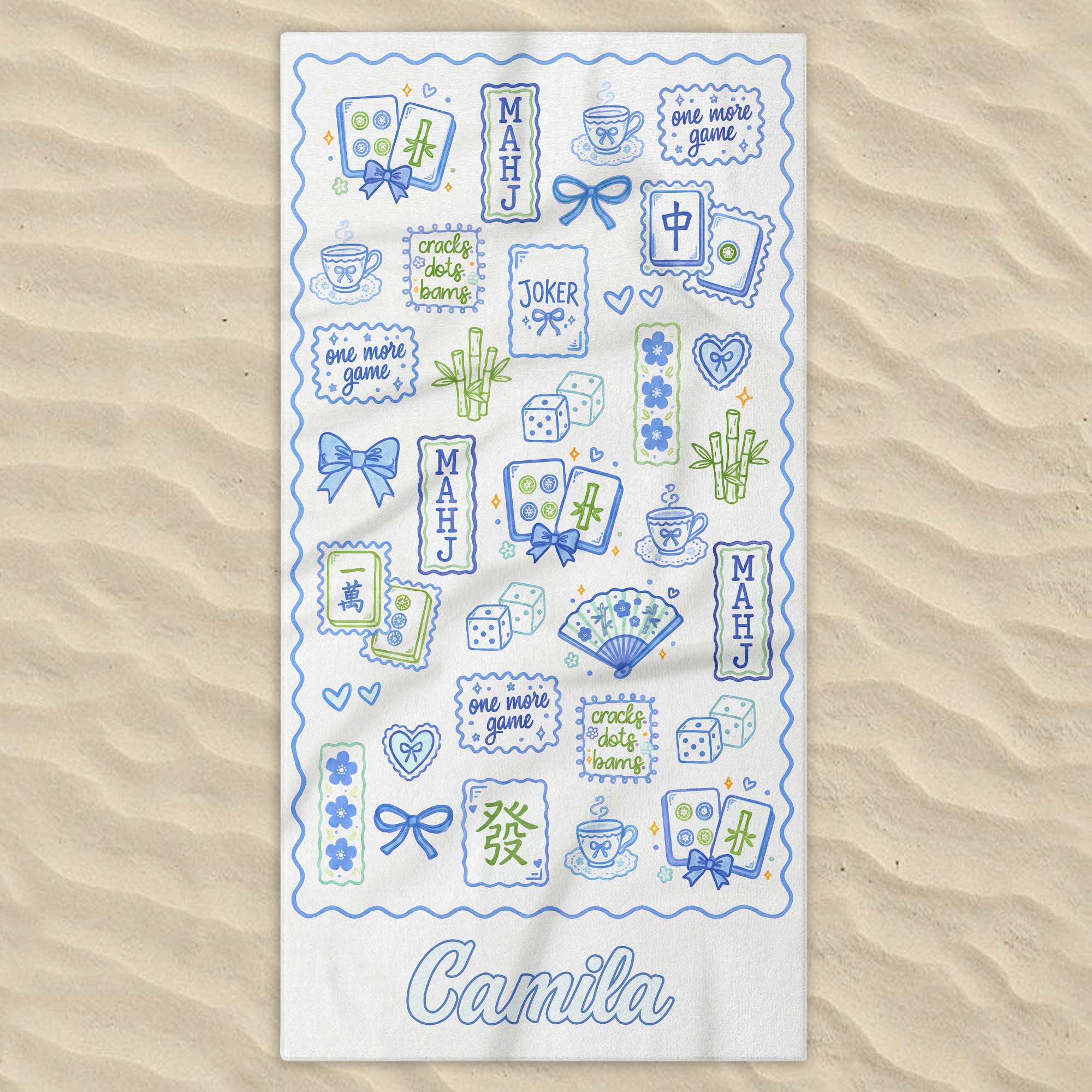 Personalized Mahjong Themed Beach Towel Custom Name Gift for Beach Lovers